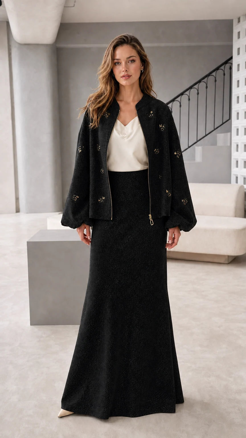 Women's embroidered jacket and maxi skirt set in black