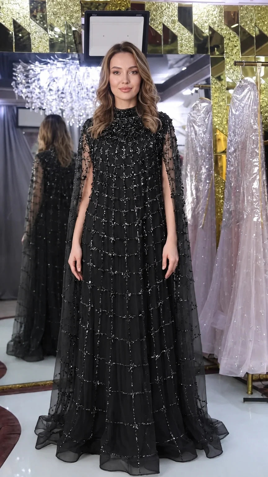Black crystal embellished cape sleeve formal evening dress