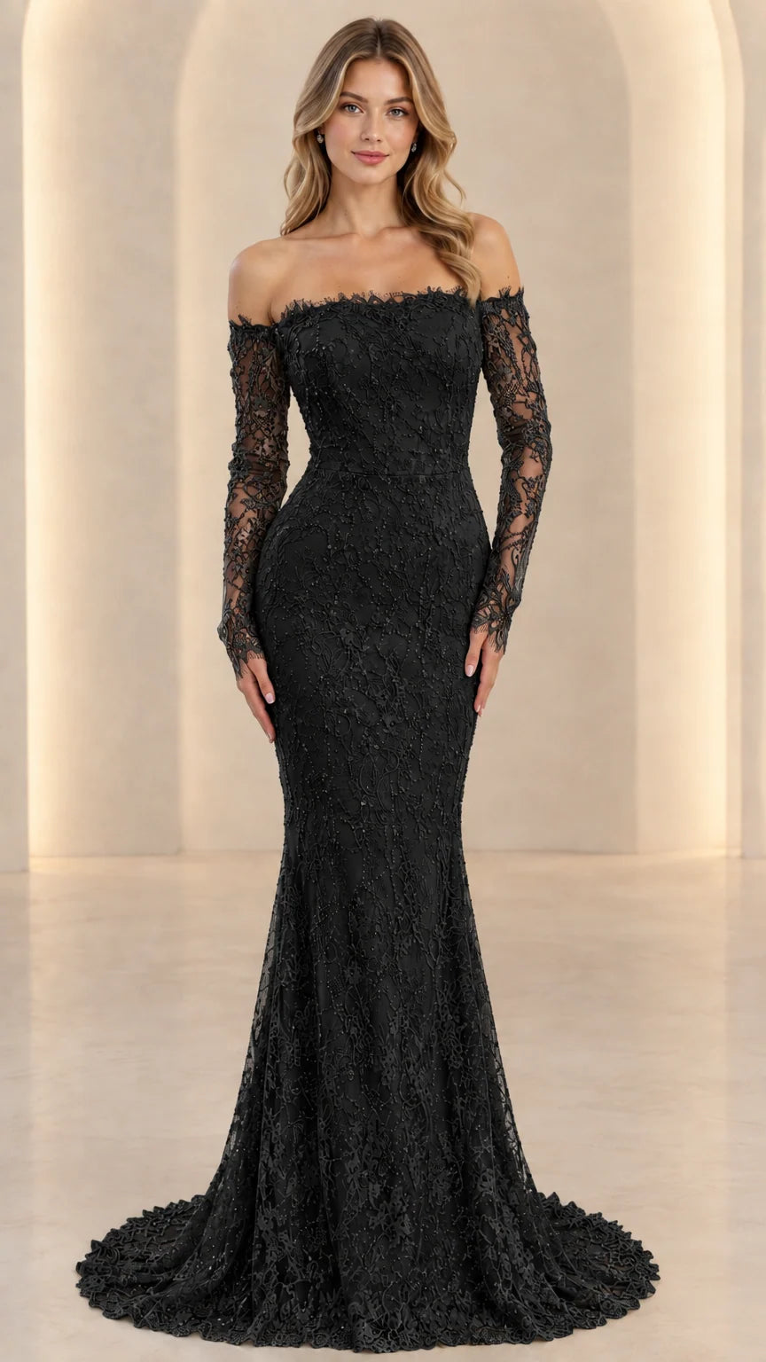 Front full view of black off-the-shoulder long sleeve lace mermaid formal gown