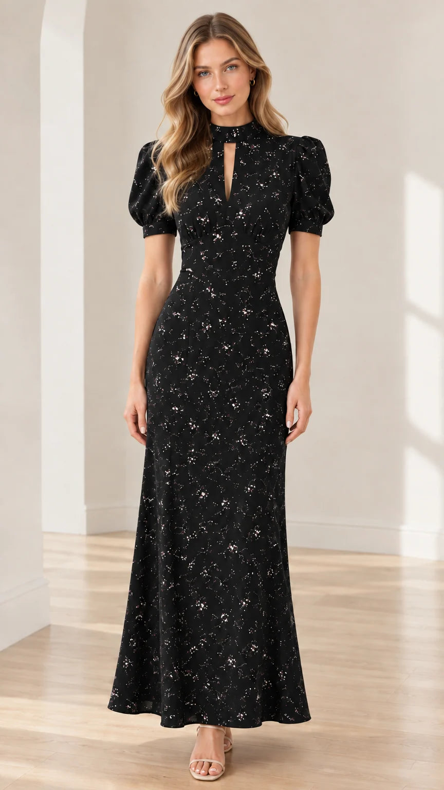 Black floral print puff sleeve keyhole cutout maxi dress on model
