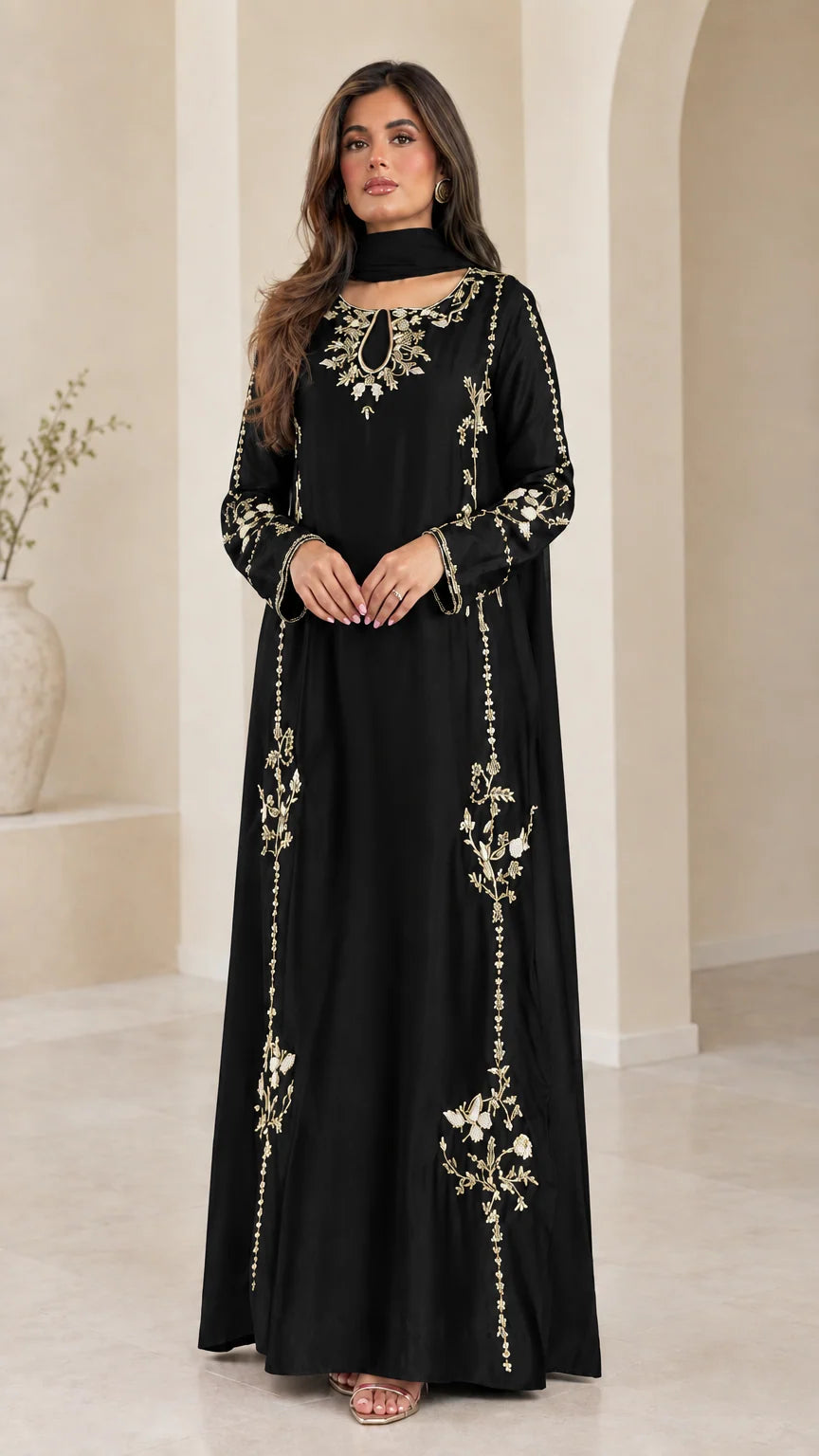 Black embroidered long sleeve maxi abaya dress with matching neck scarf