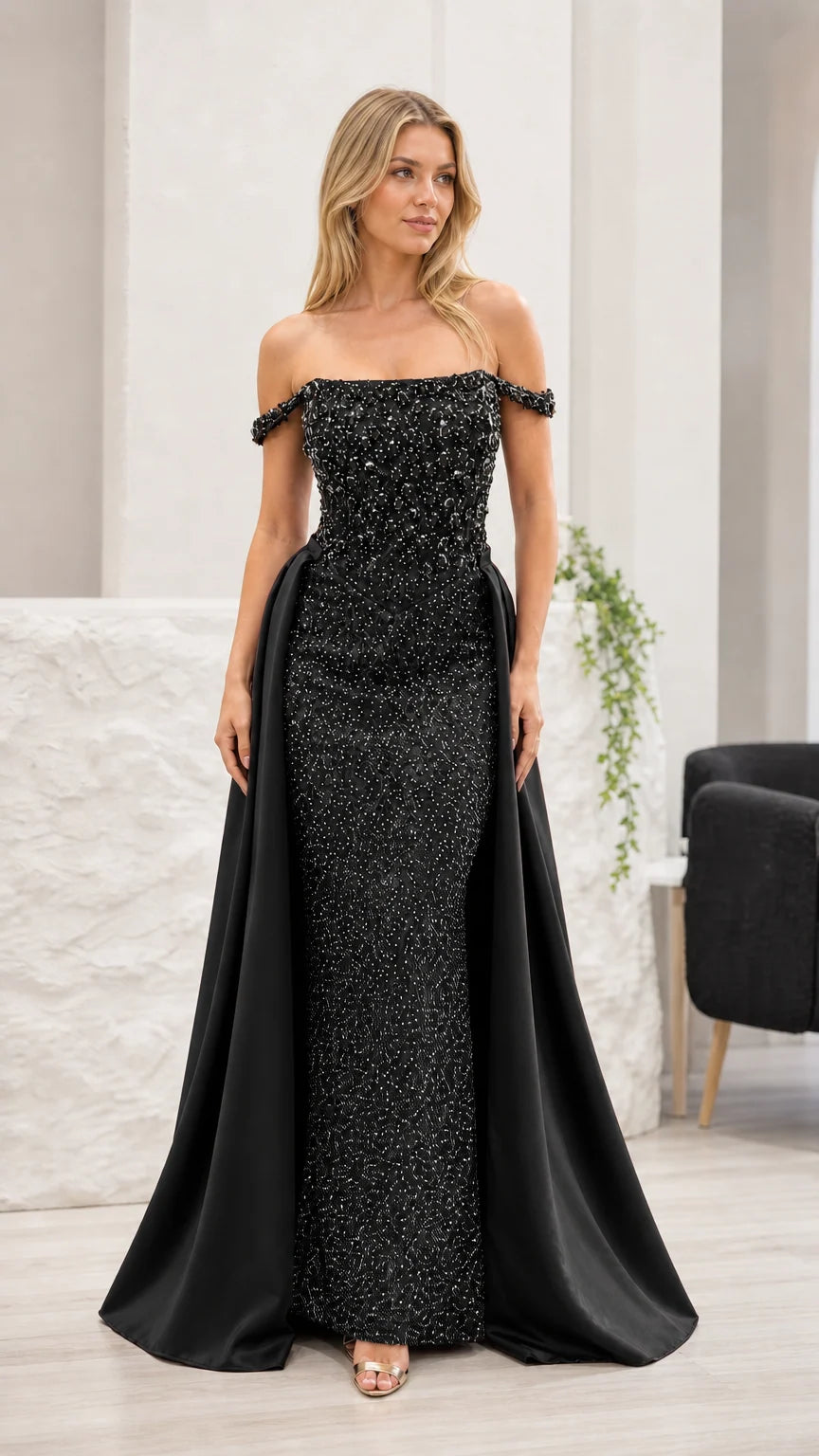 Front view of black evening gown variant