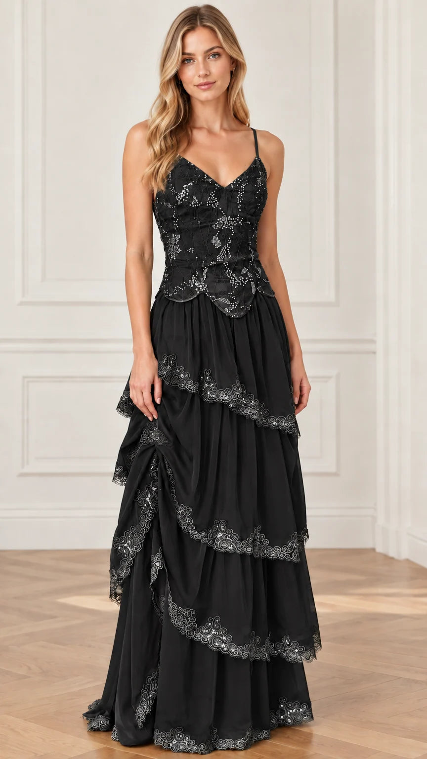 Black embroidered bodice tiered maxi evening dress