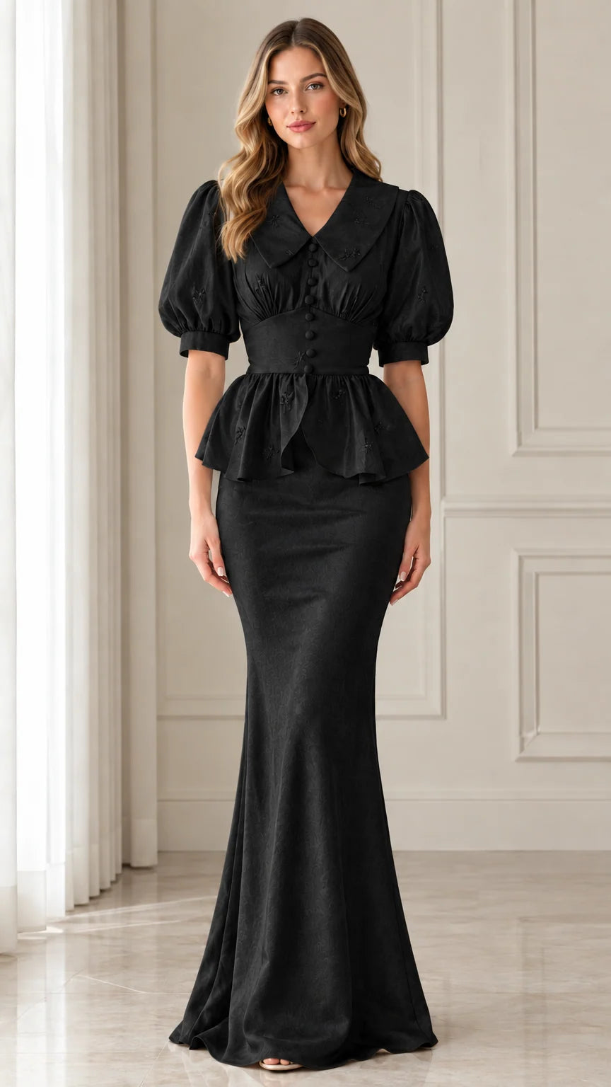 Front view of black peplum puff-sleeve mermaid evening dress