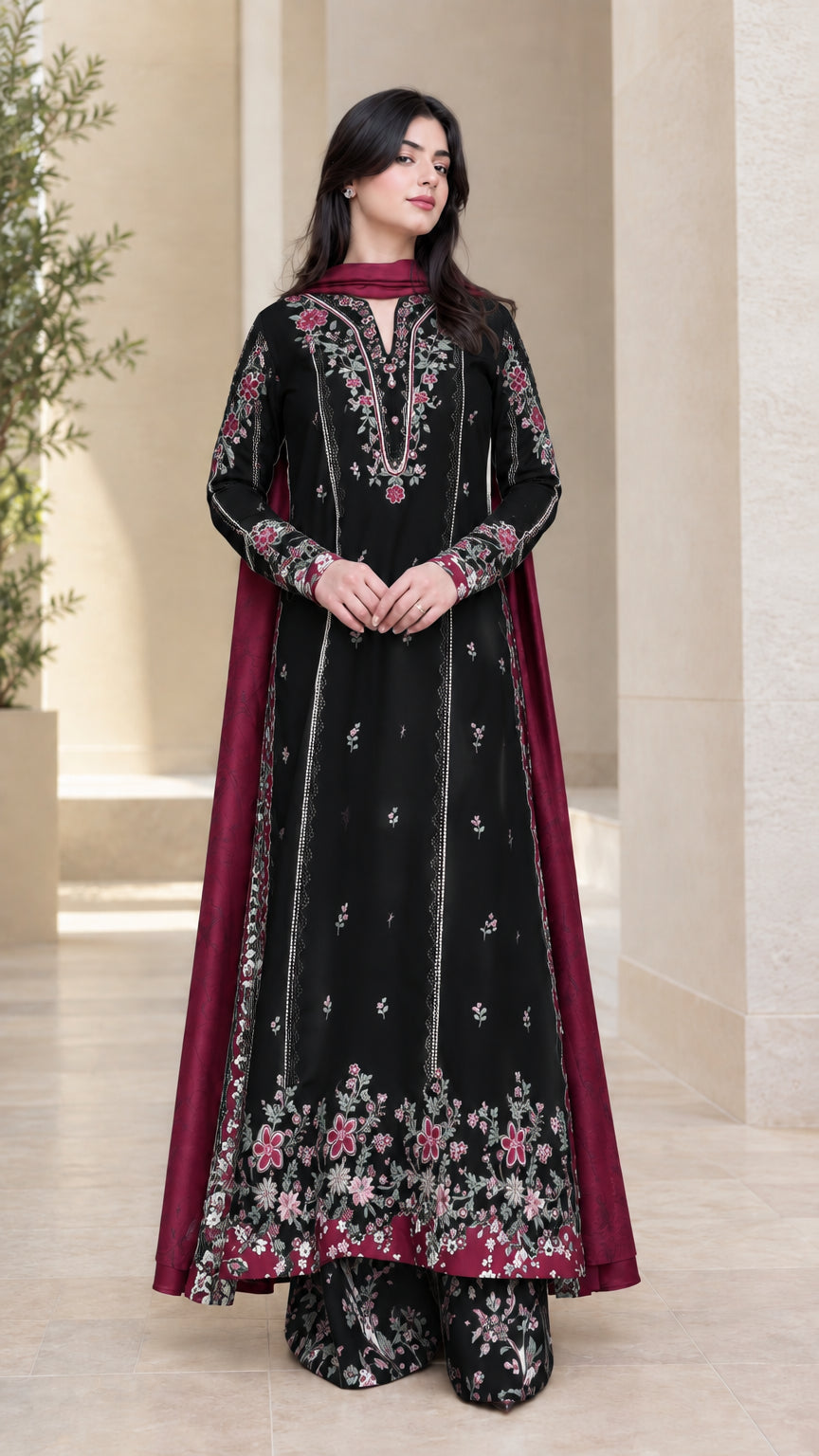 Front full view of black floral embroidered 3-piece kurta palazzo suit set with contrast dupatta
