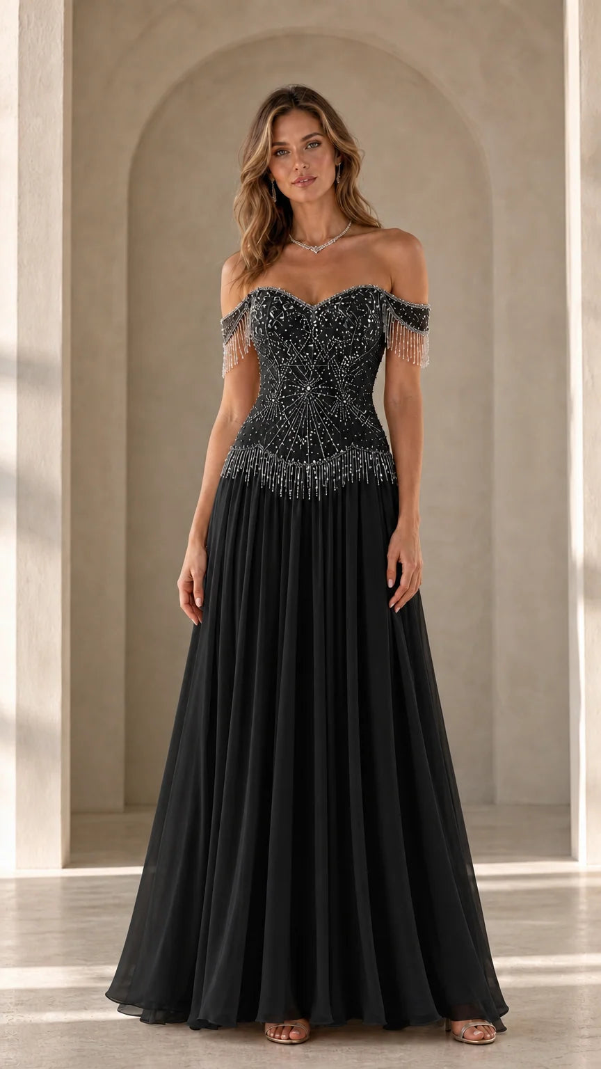 Model wearing black variant of the off-the-shoulder beaded evening gown