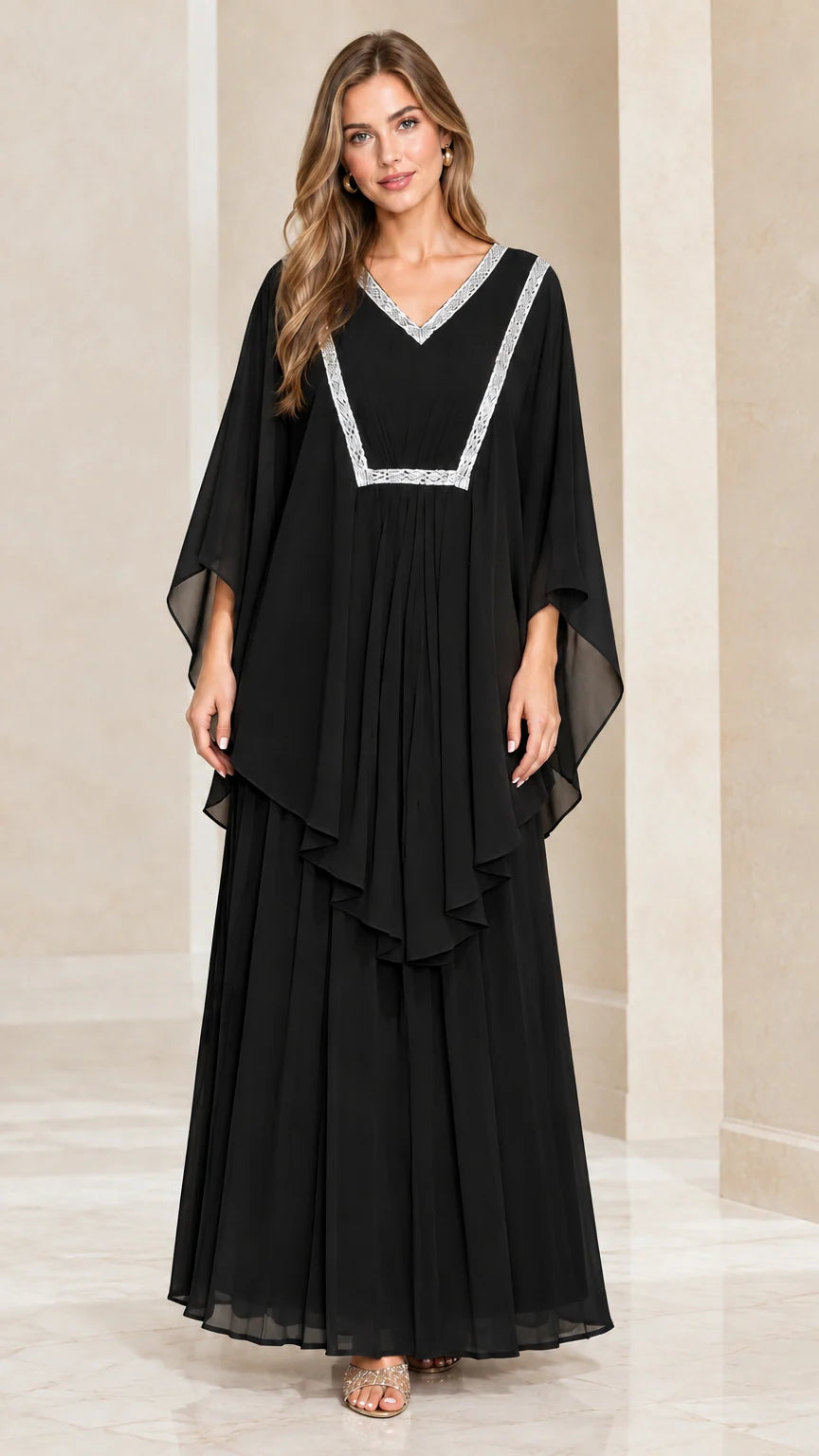 Black layered kaftan maxi dress with silver embroidered V-neckline