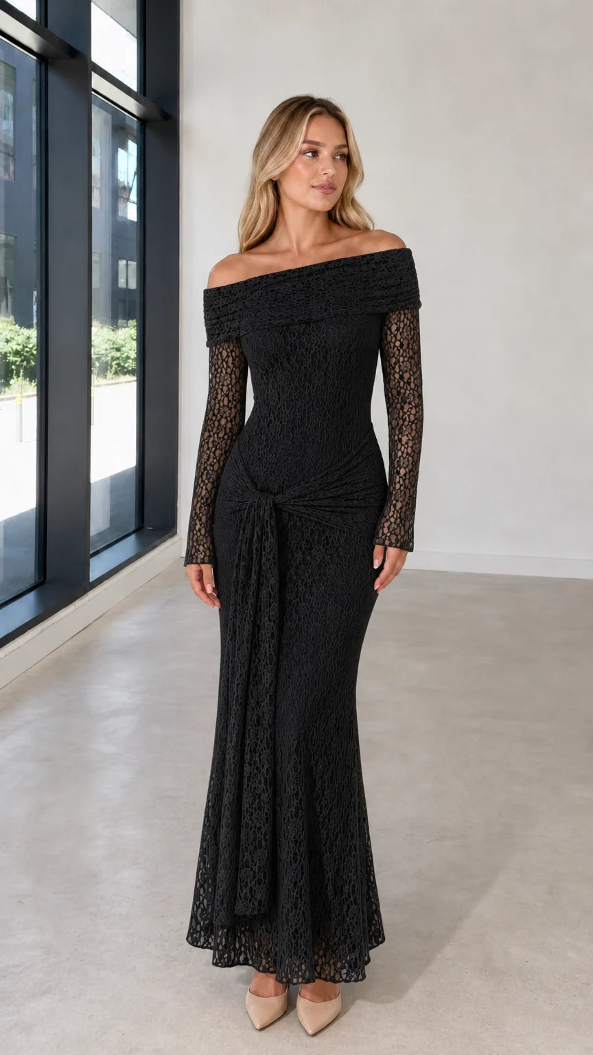 Full front view of model in black lace evening dress