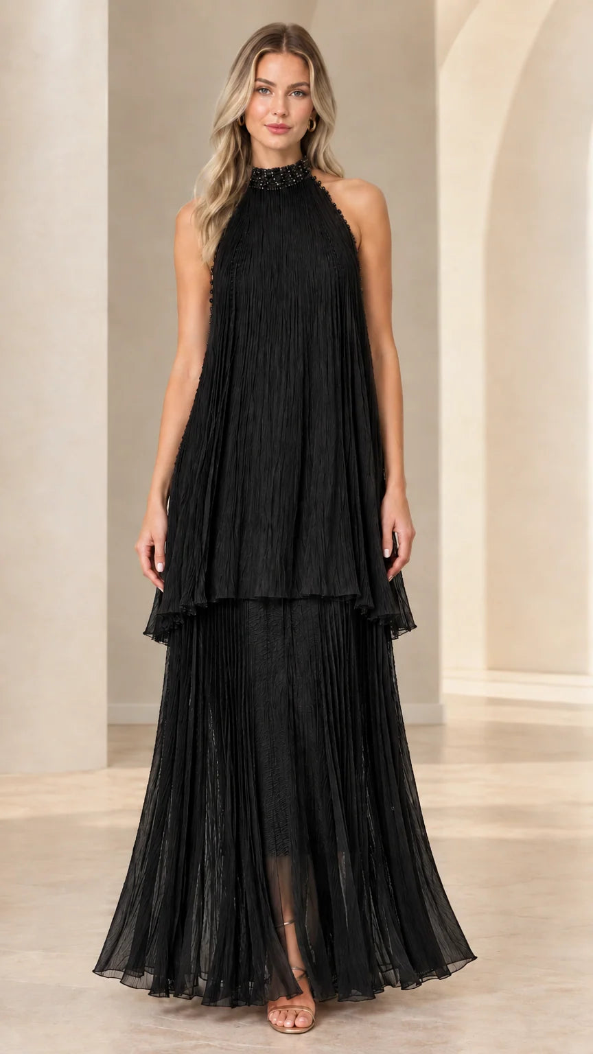 Black pleated tiered halter neck maxi dress