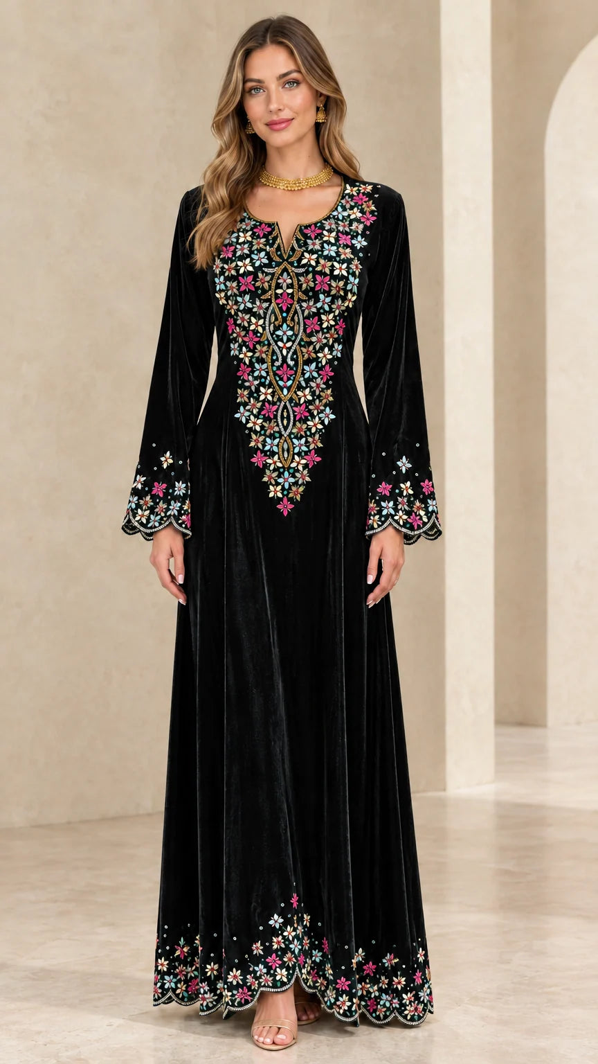 Black embroidered velvet long sleeve maxi dress