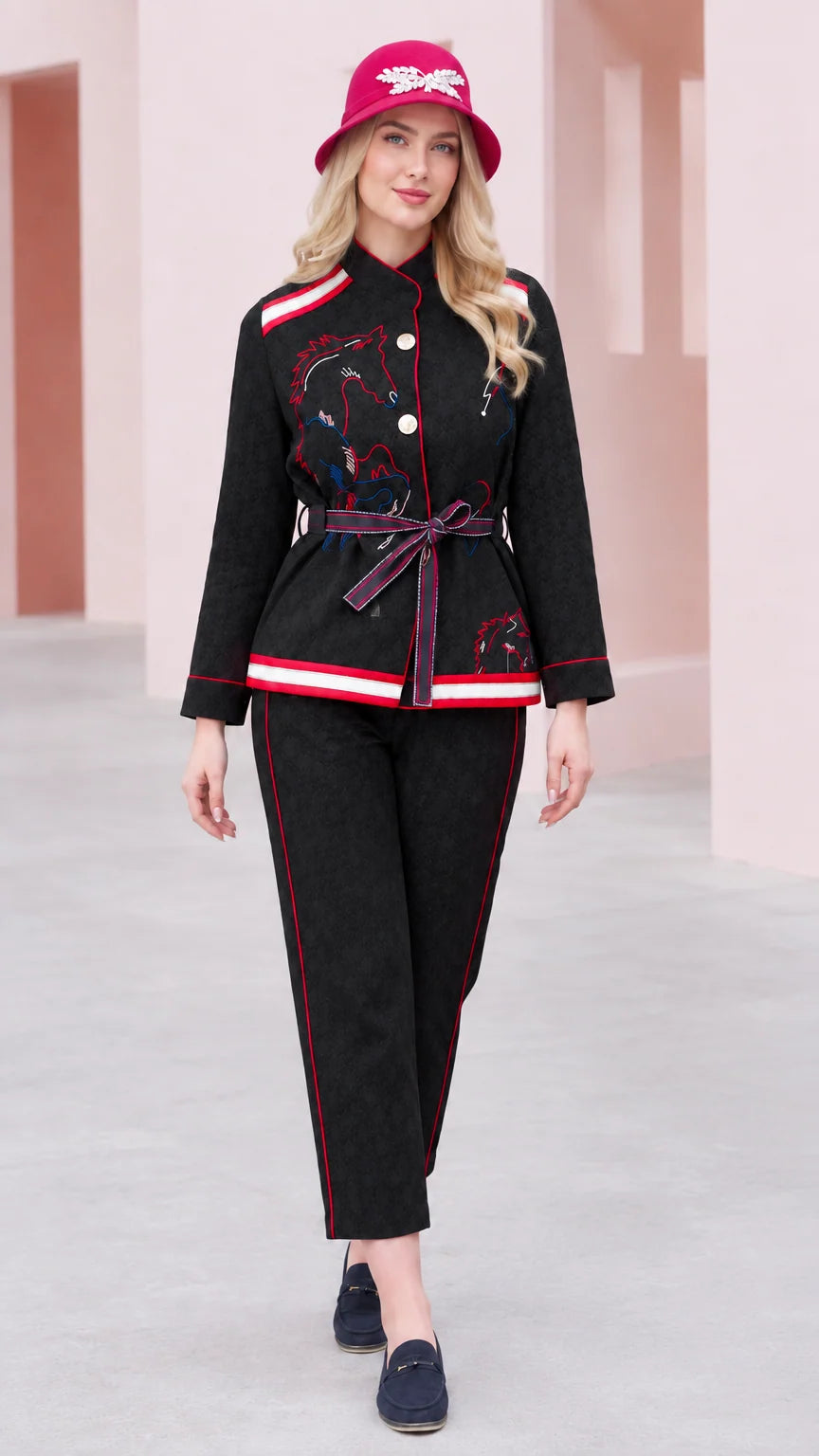 Black embroidered stand collar jacket and pants two-piece set