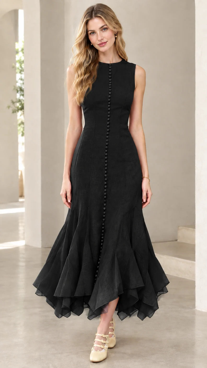 Full-length view of woman wearing black sleeveless button-front mermaid midi dress