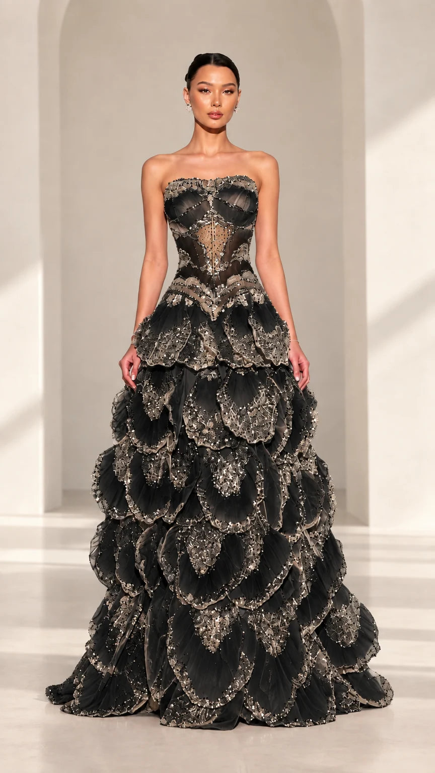 Front view of strapless beaded corset petal evening gown in Black