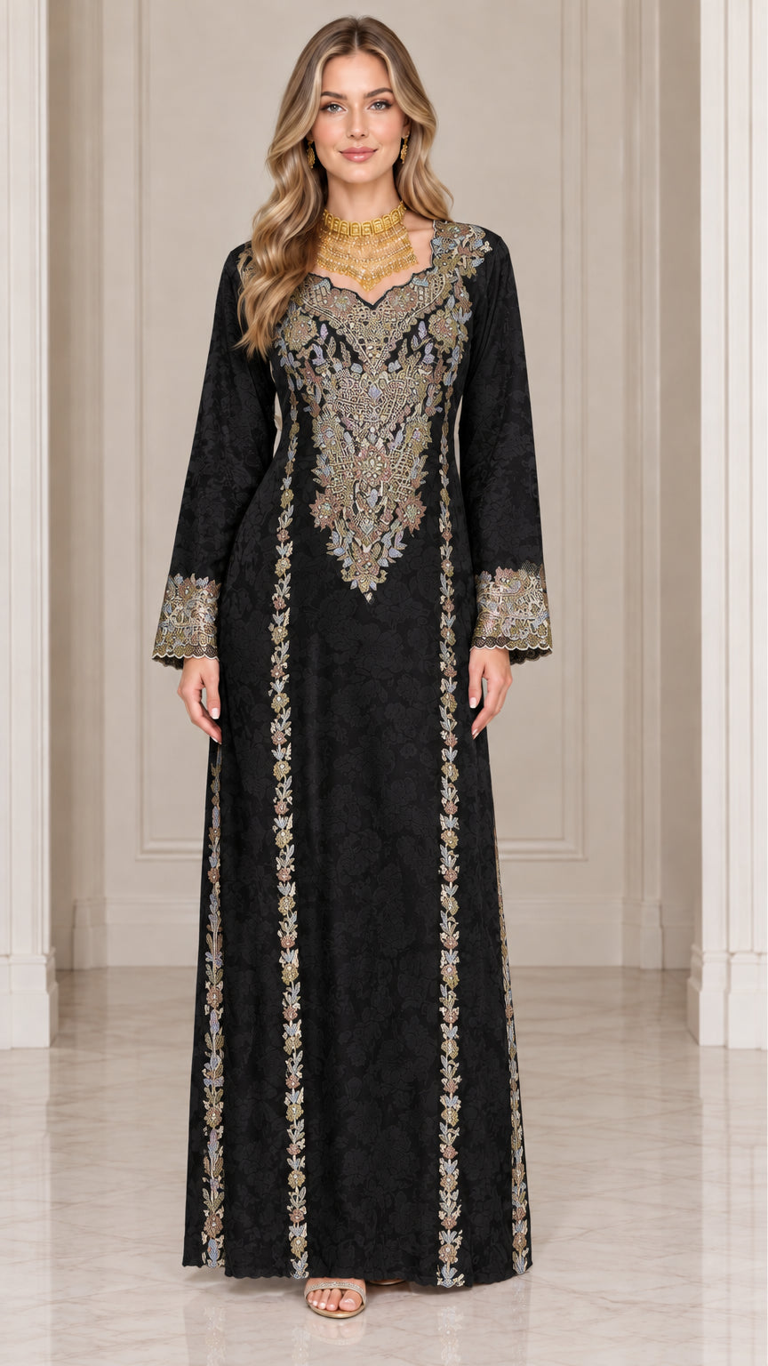 Front full-length view of black embroidered long sleeve maxi kaftan dress