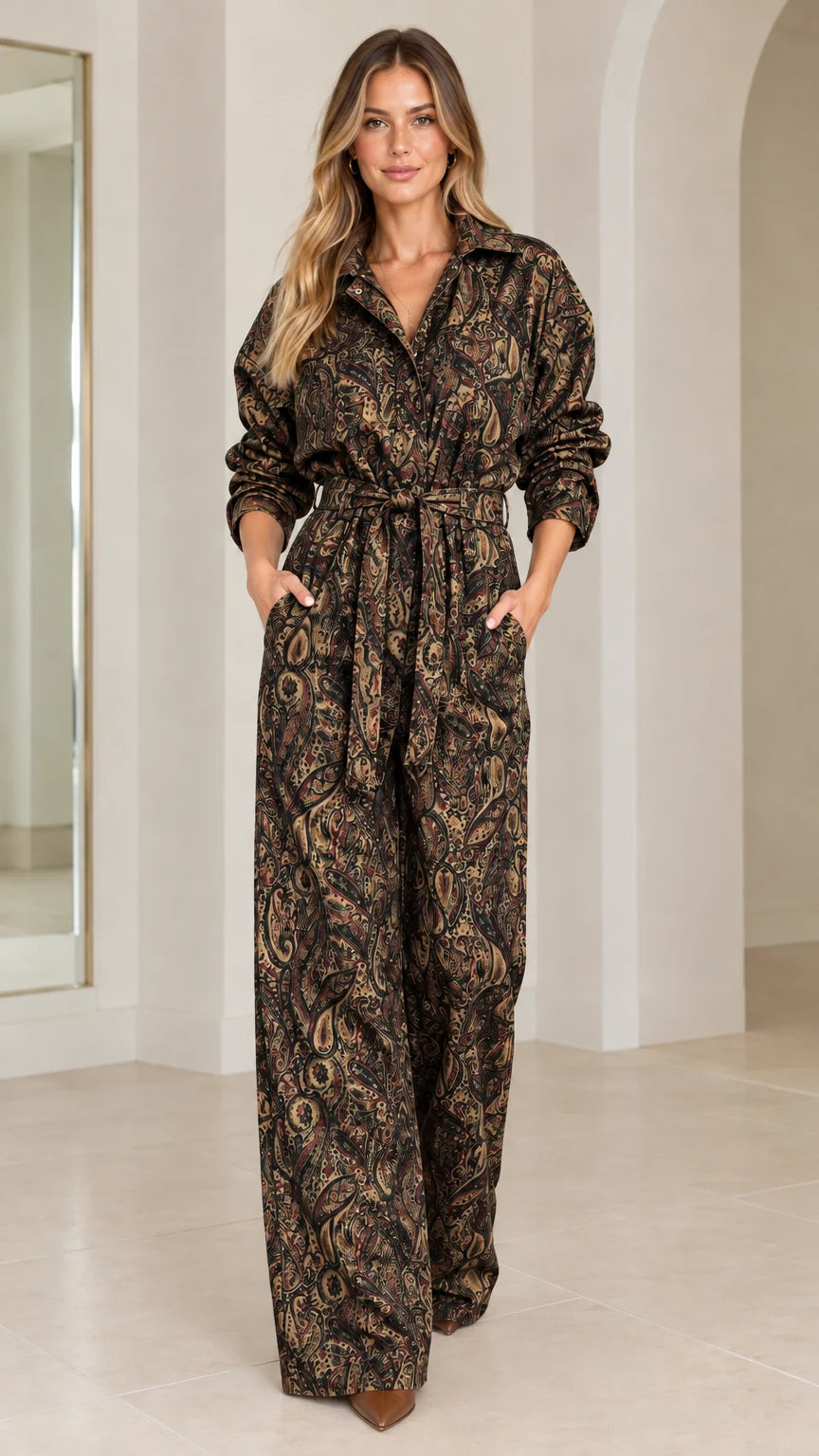 Woman wearing black paisley print long sleeve wide leg belted jumpsuit