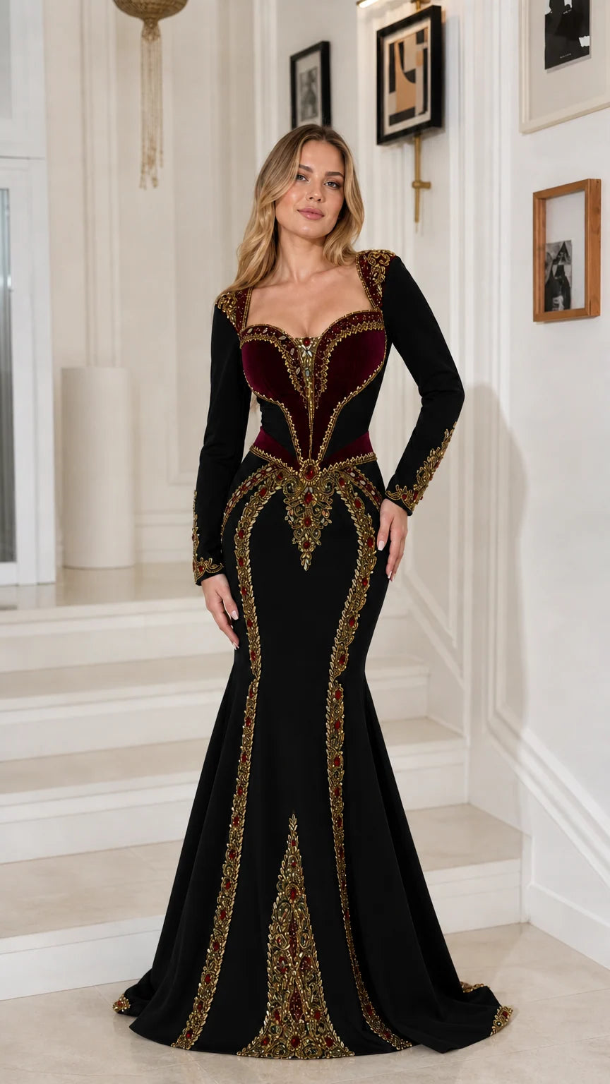 Black long sleeve embroidered mermaid evening gown