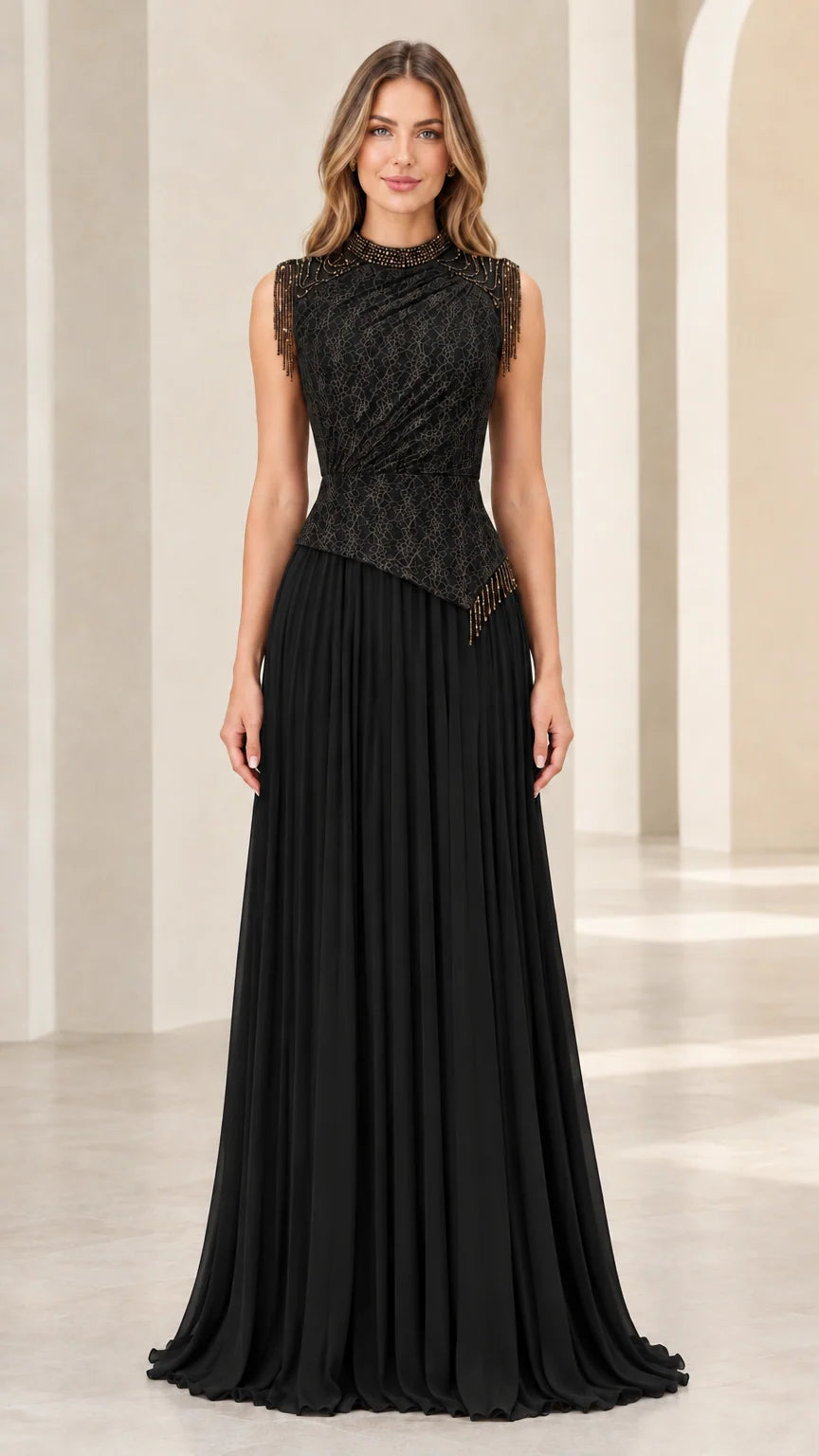 Model wearing black sleeveless high neck beaded pleated evening gown