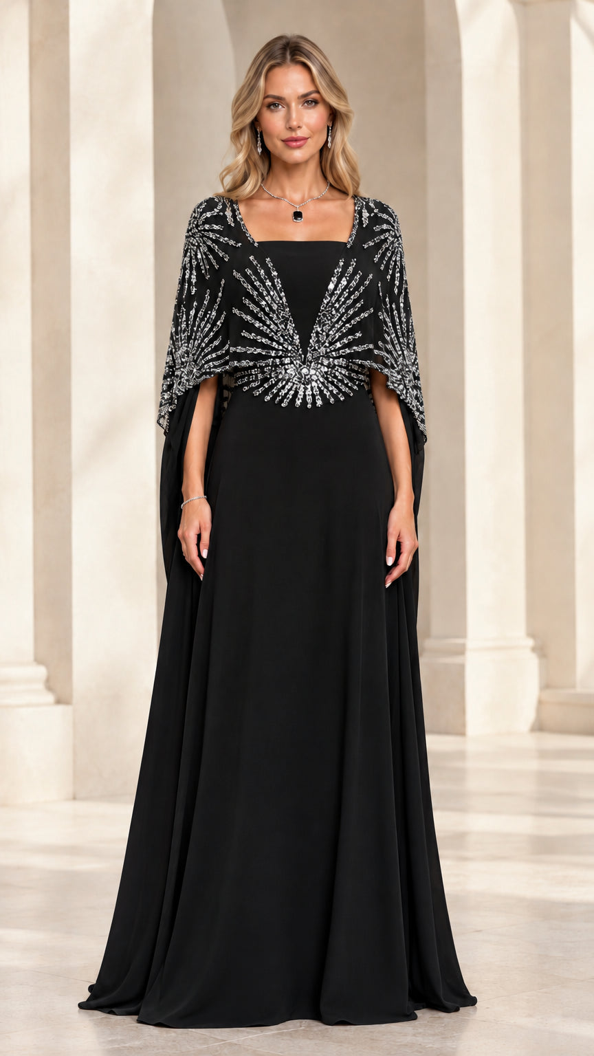 Black formal evening dress with sparkling sequin capelet overlay