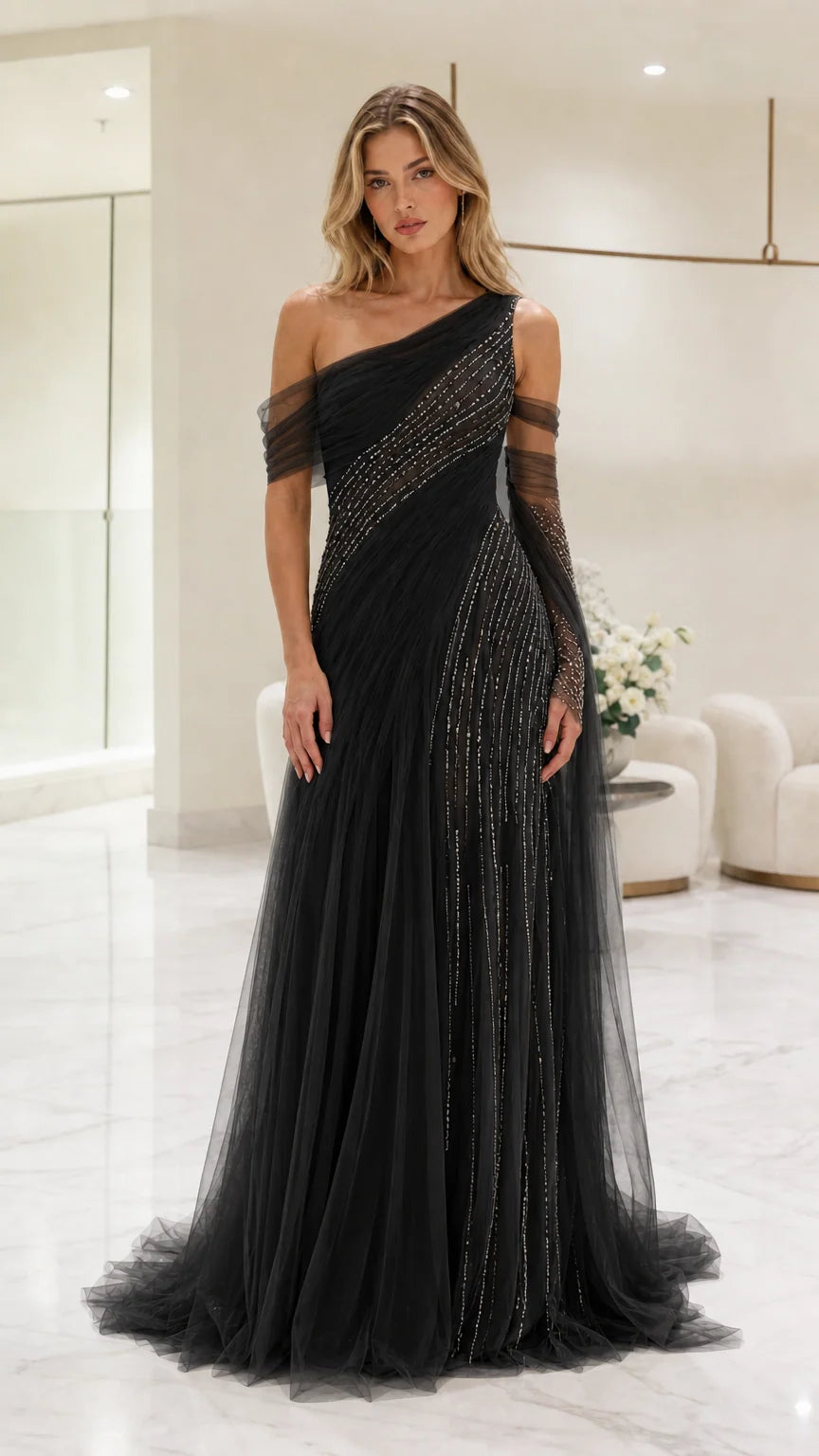 Front view of black one-shoulder evening gown