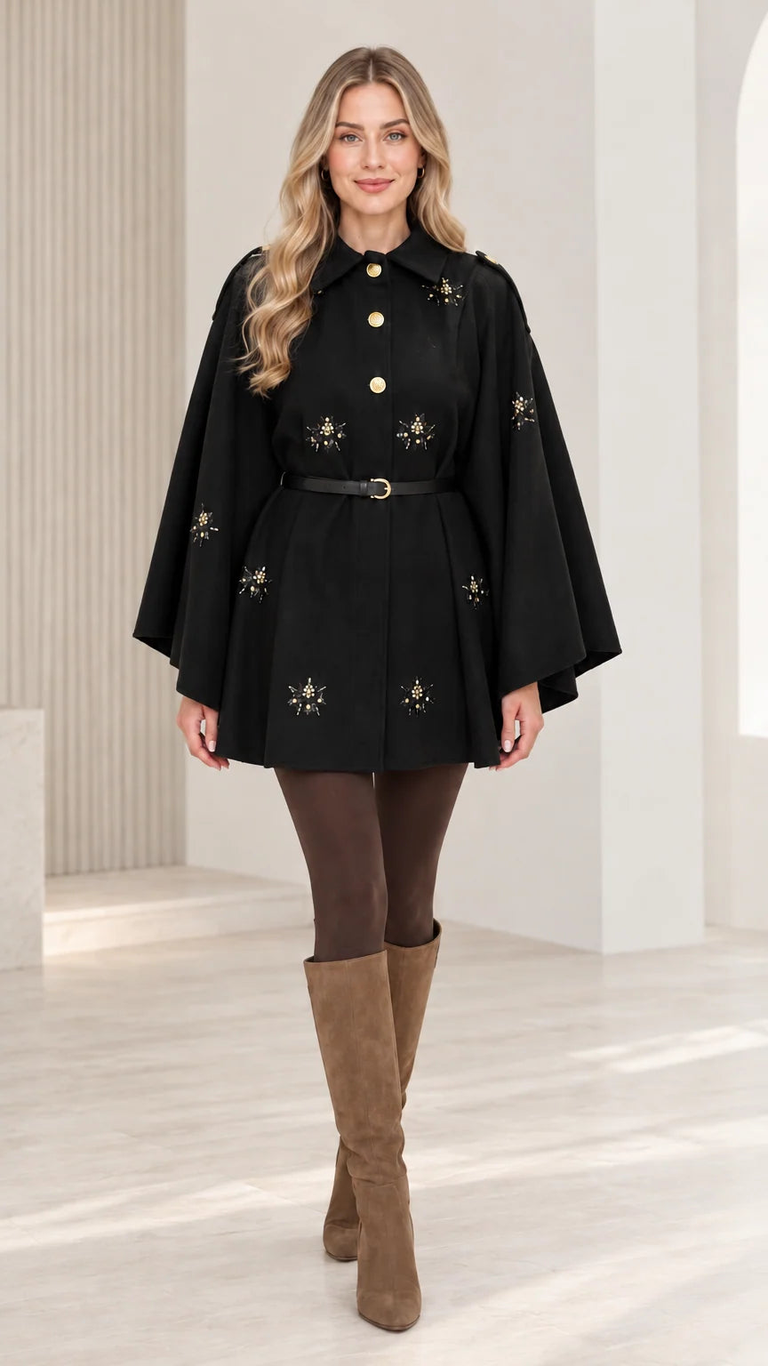Front view of woman wearing black embellished button-front belted cape coat