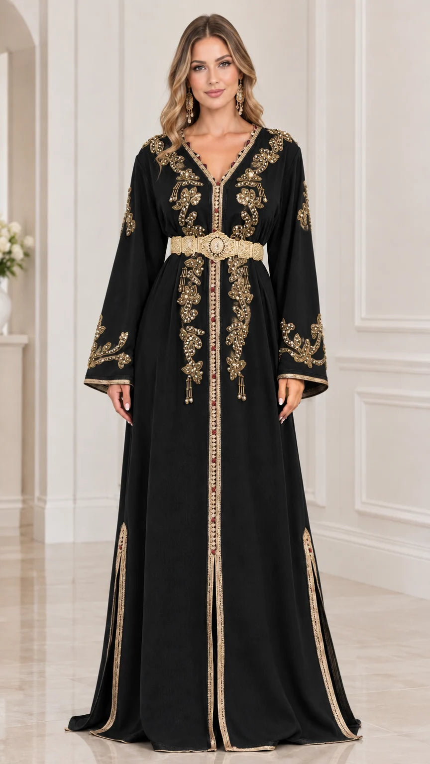 Front view of model wearing Black Moroccan kaftan maxi dress with gold embroidery
