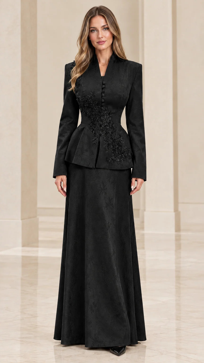 Black embroidered peplum jacket and maxi skirt two-piece evening suit
