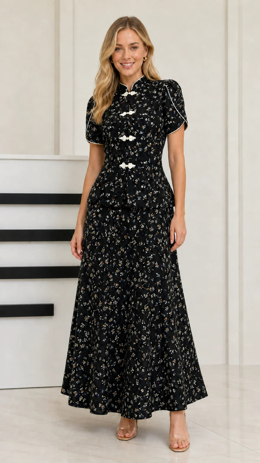 Black floral print Mandarin collar two-piece maxi set