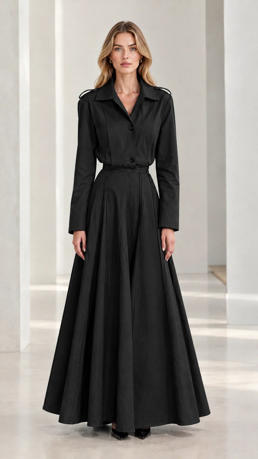 Front view of black pleated long sleeve trench maxi dress