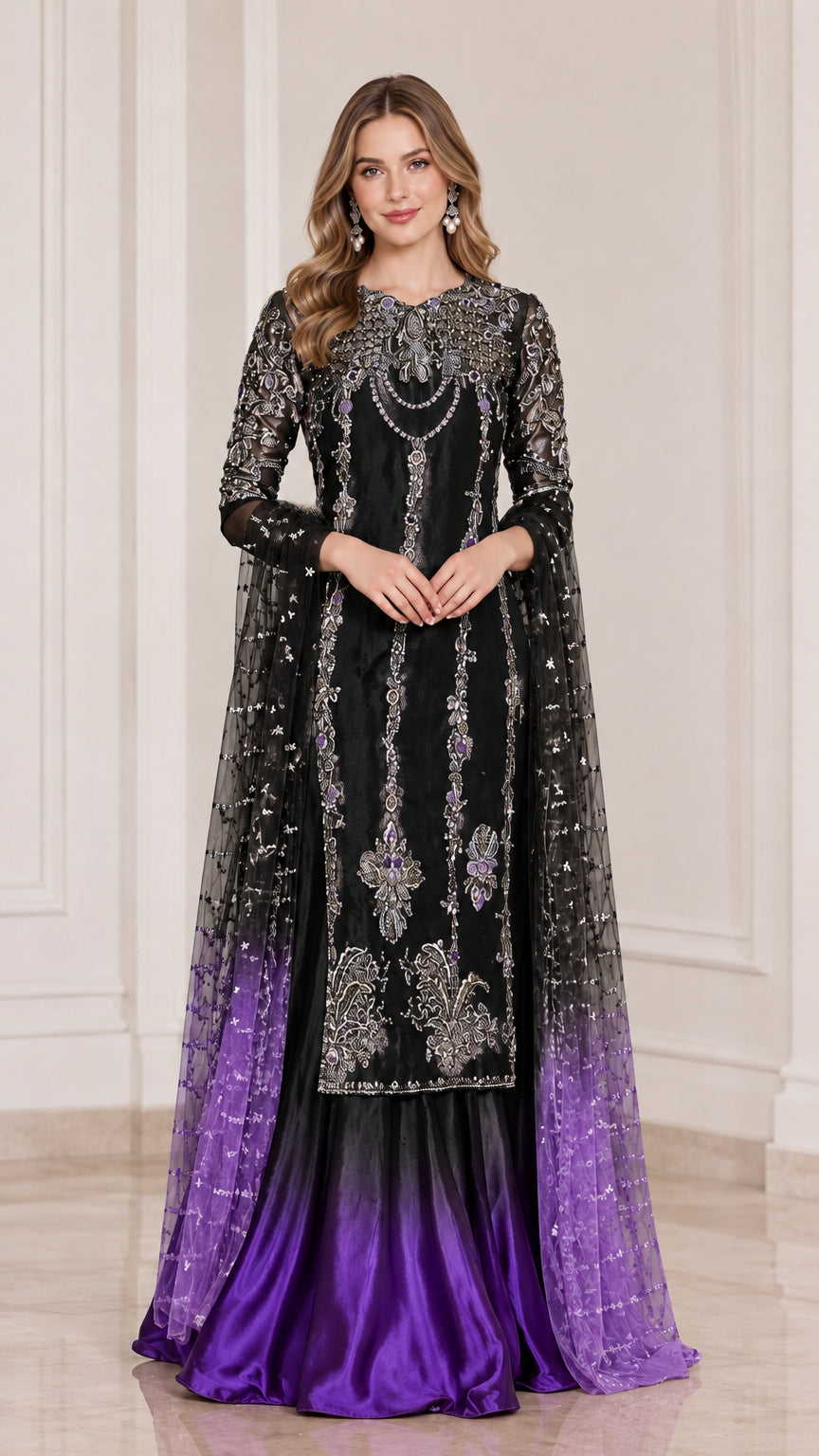Full-length view of black and purple ombre embellished tunic skirt set