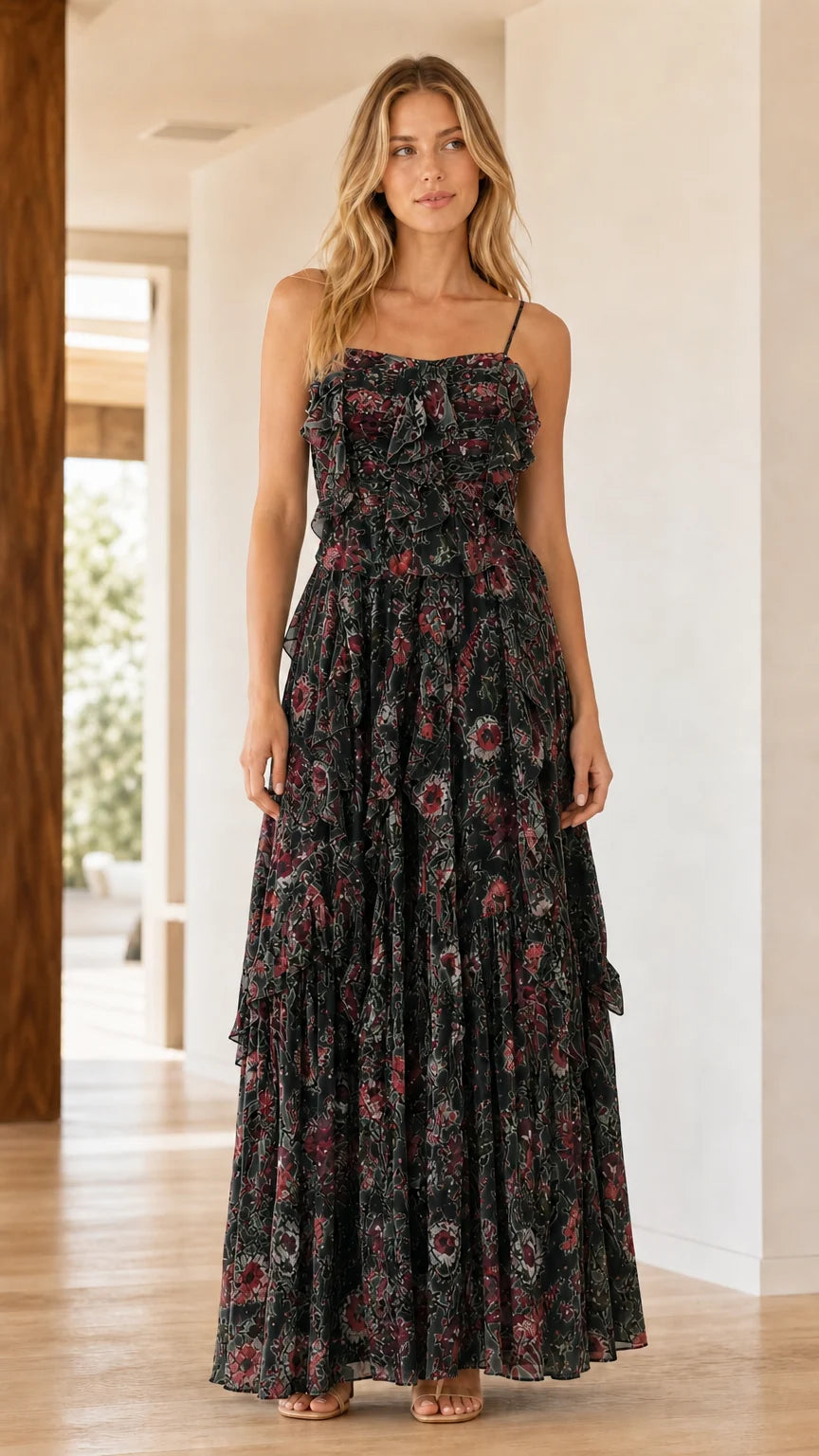 Front view of model wearing Black floral ruffle tiered maxi dress
