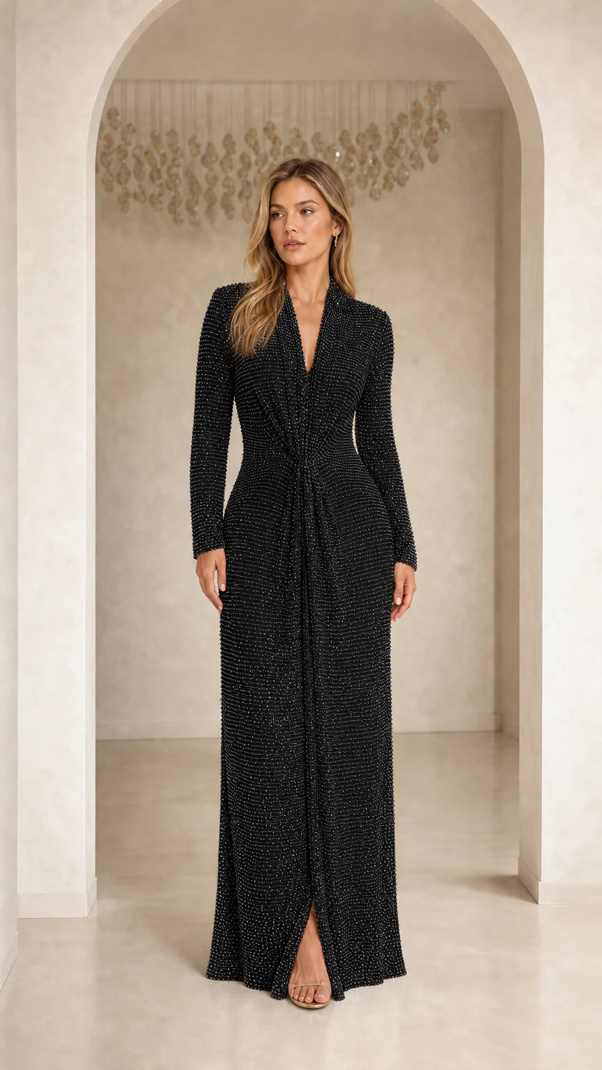 Model wearing Black Elegance Sequin Long Sleeve Maxi Dress