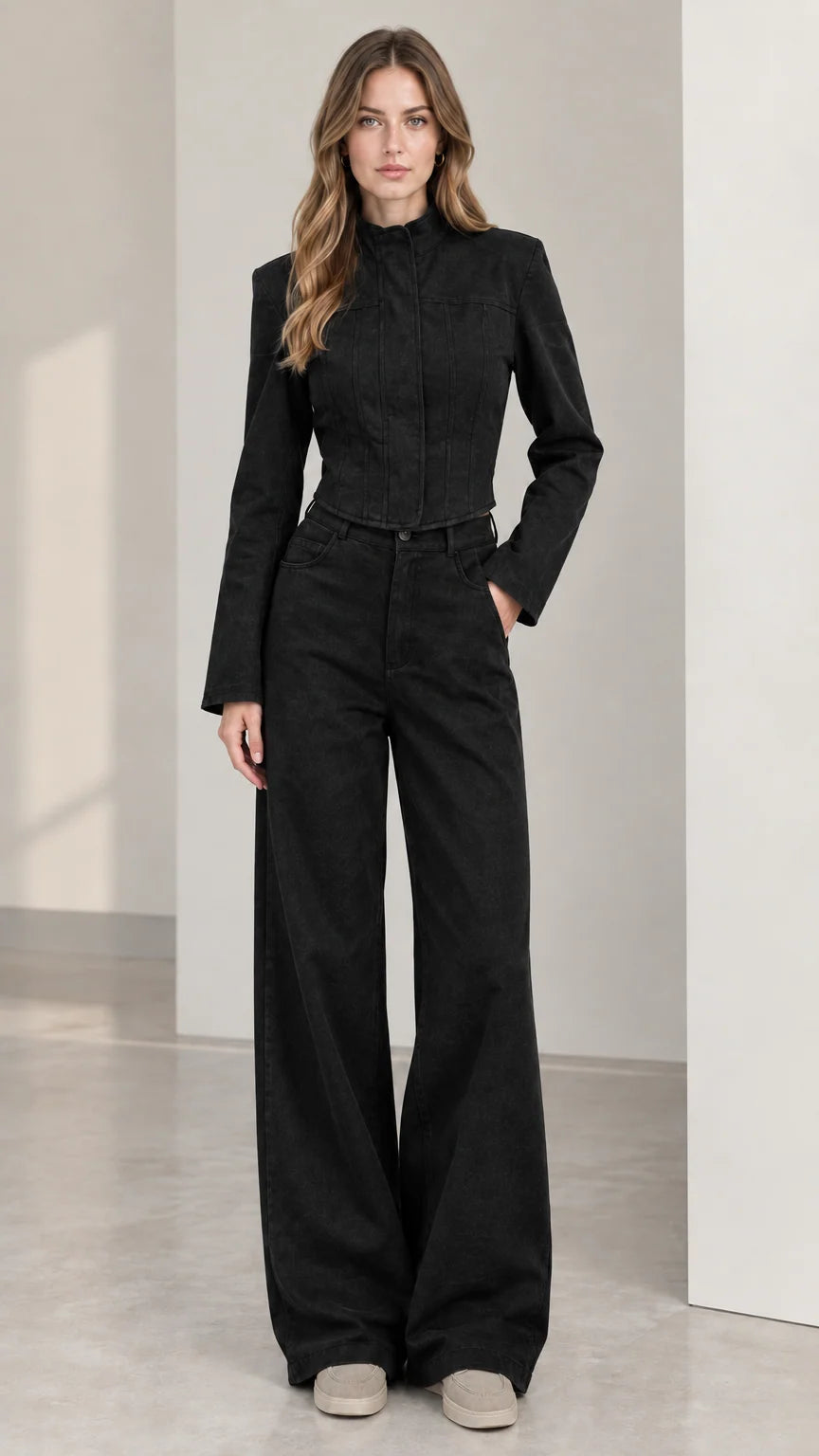 Full front view of women's black cropped jacket and wide leg pants set