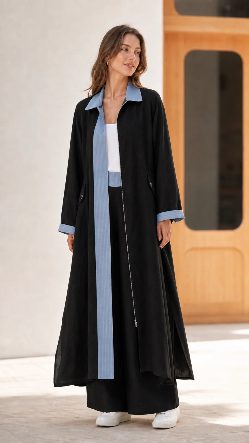 Full length view of black longline coat and matching wide-leg trousers set with blue trim