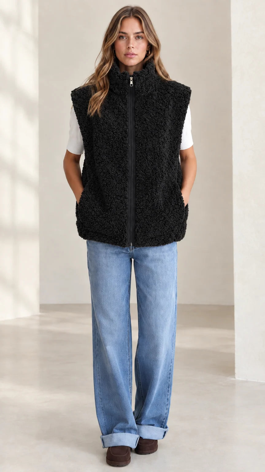 Front view of woman wearing black plush sherpa fleece zip-up vest
