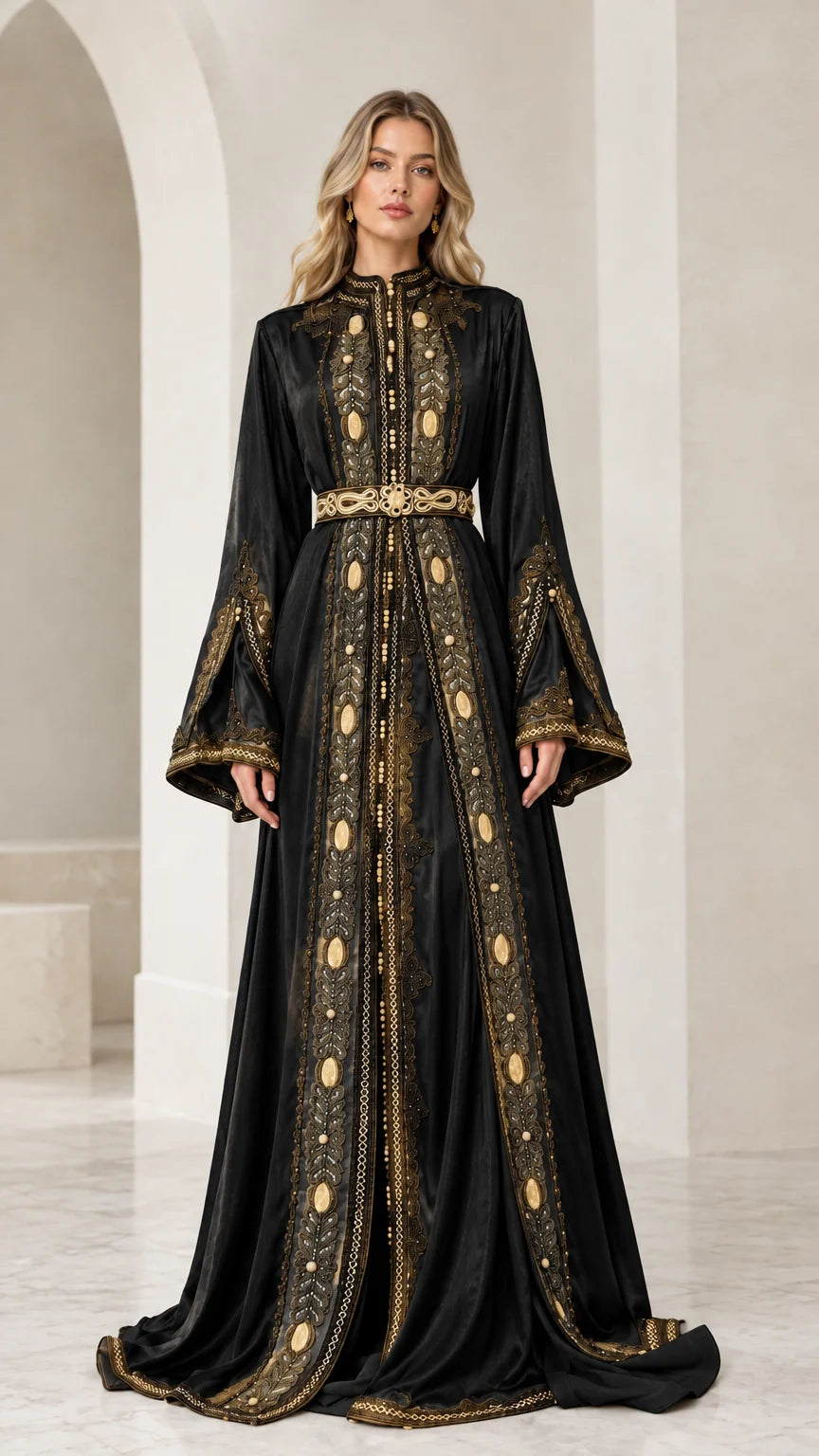 Full front view of Black embroidered metallic kaftan maxi dress with gold detailing