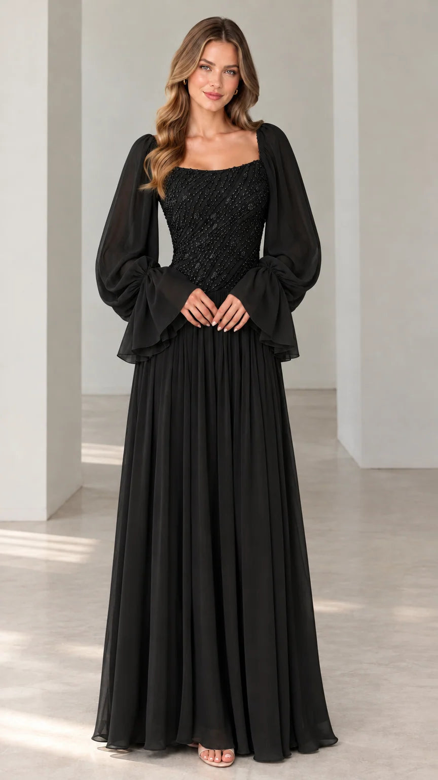 Black sequin bodice long sleeve formal evening gown