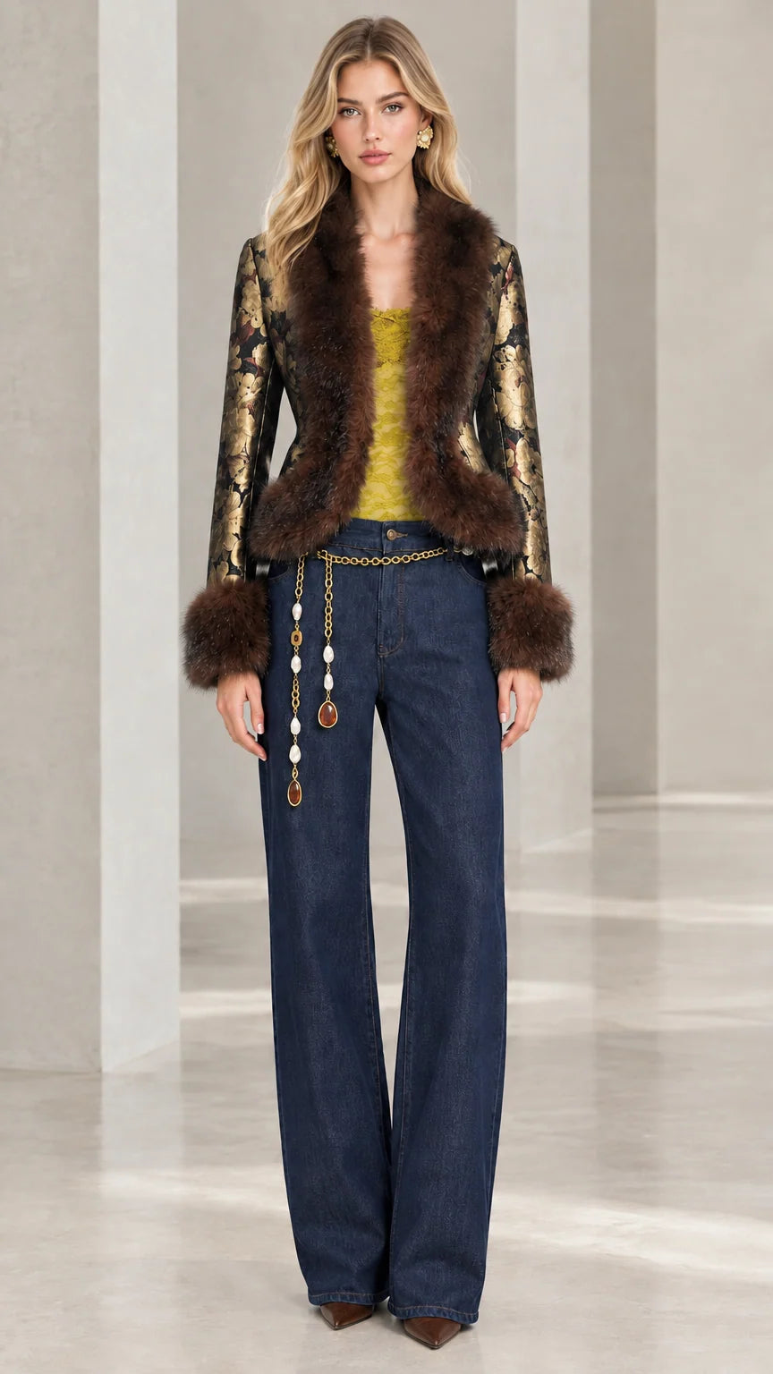 Model wearing black and gold floral jacquard jacket with faux fur trim