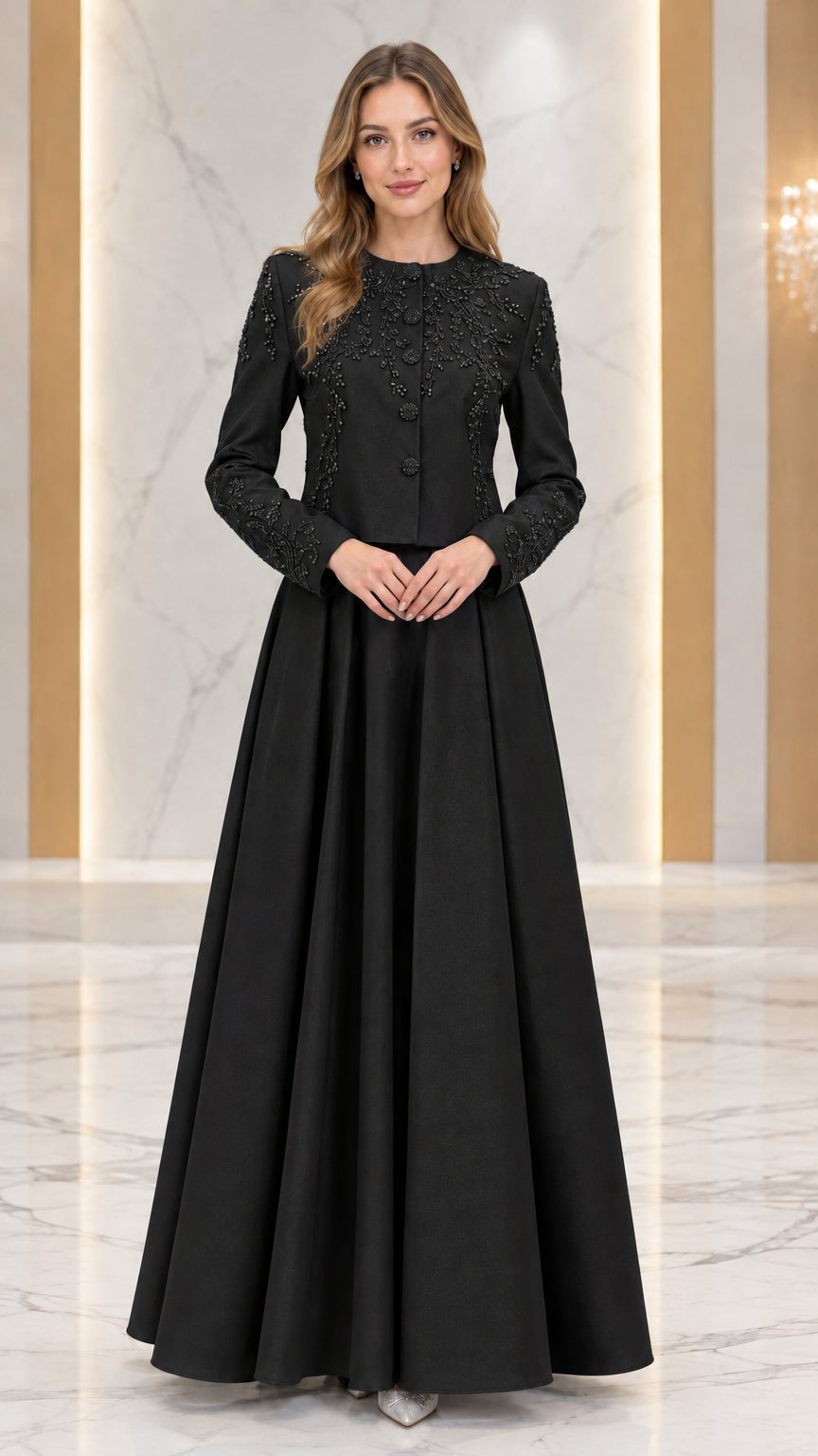 Black beaded jacket and pleated A-line maxi formal gown