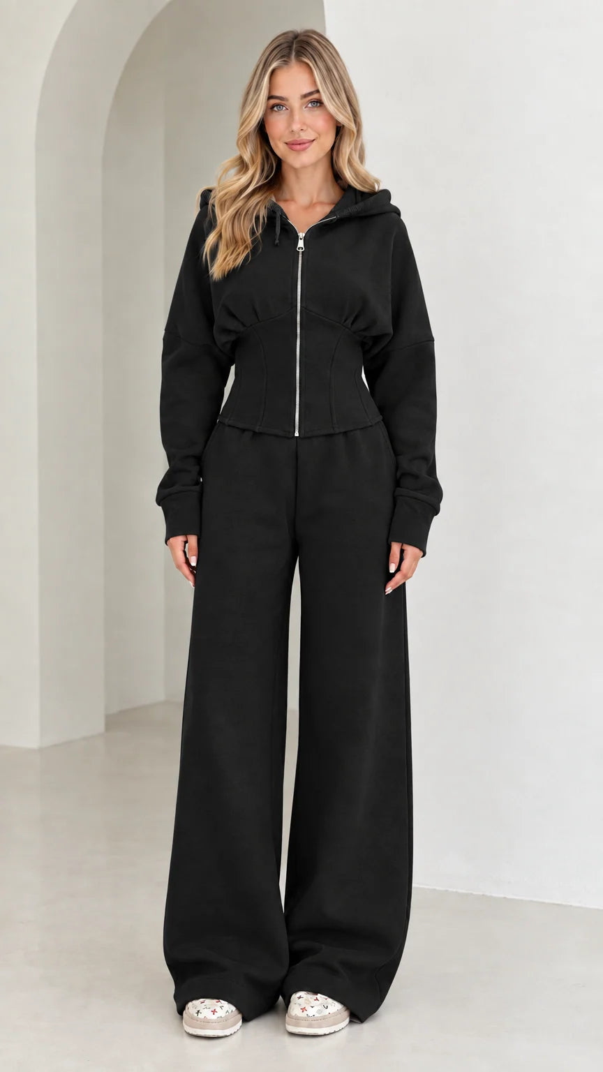 Full-length view of women's corset hoodie and wide-leg sweatpants set in Black