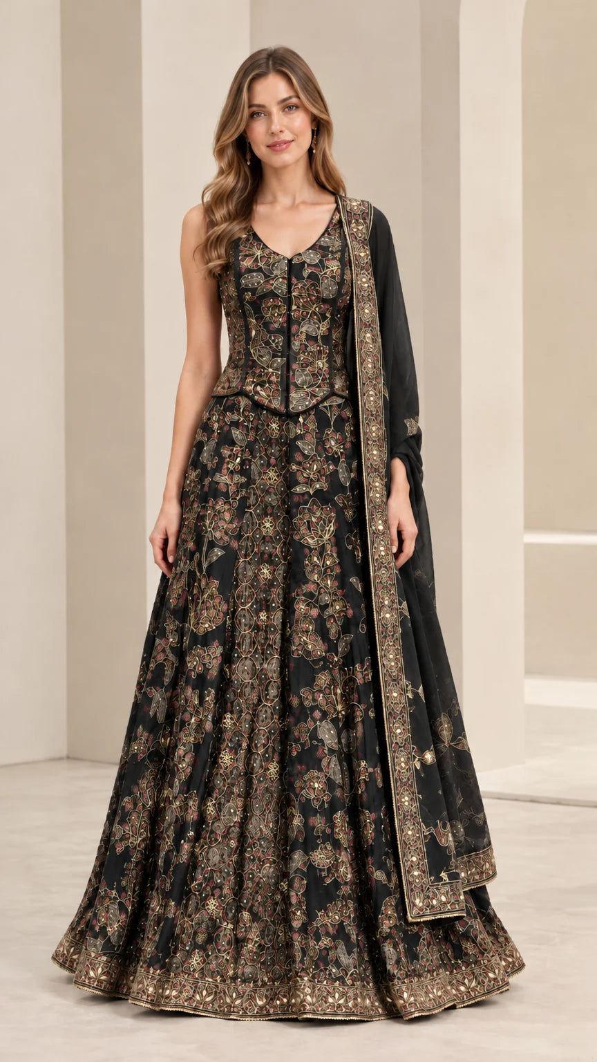 Front view of black embroidered lehenga choli set with gold accents and sheer dupatta