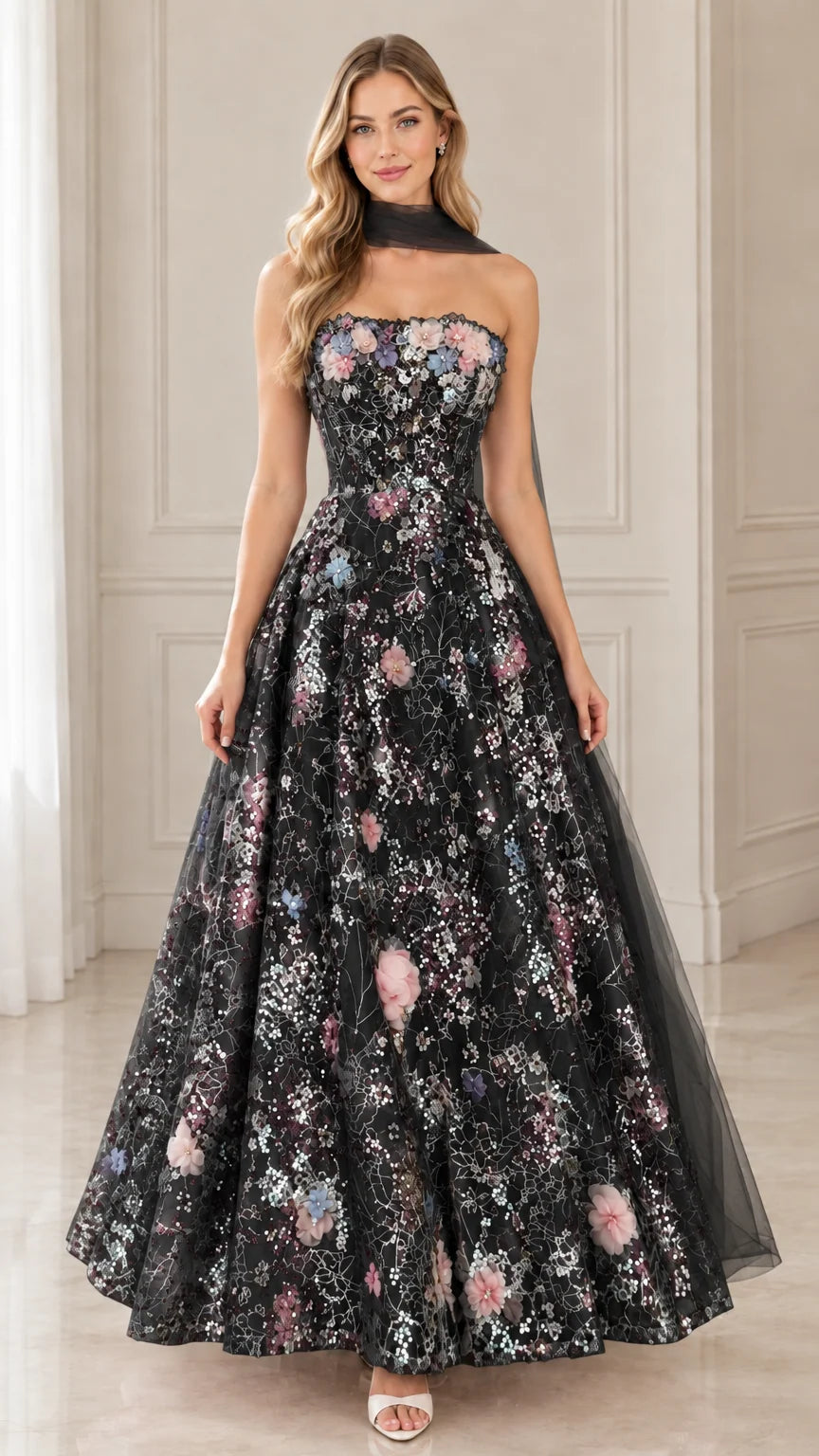 Model wearing black floral embroidered sequin strapless evening gown