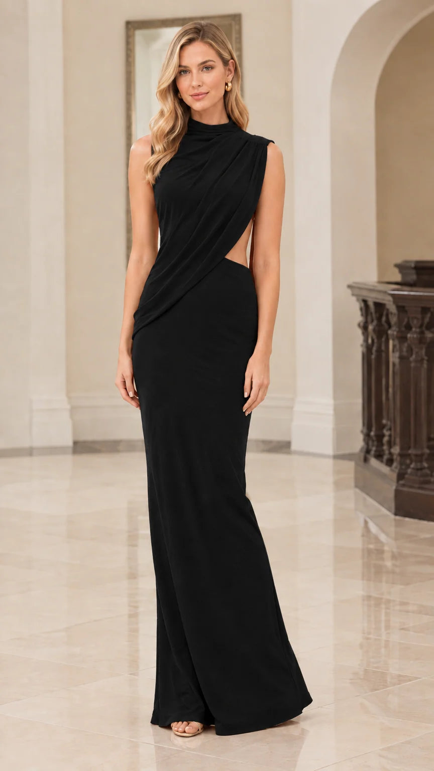 Front view of model wearing black high neck draped cutout formal maxi gown