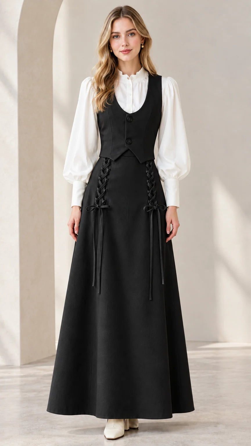Full front view of black vintage tailored vest and lace-up maxi skirt set