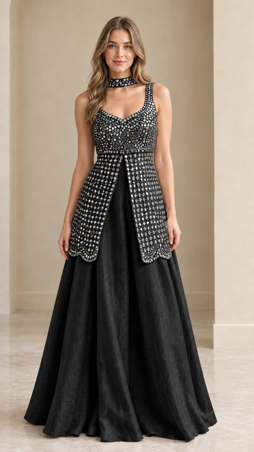 Model wearing Black embellished sleeveless longline top and matching maxi skirt set
