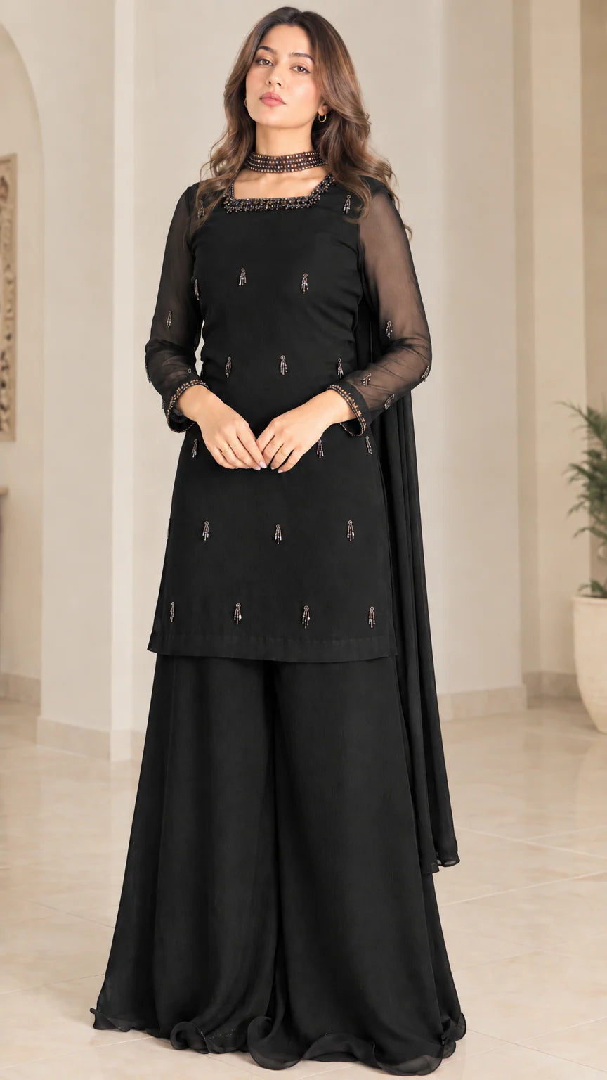 Black embellished tunic and flared palazzo pants set with dupatta