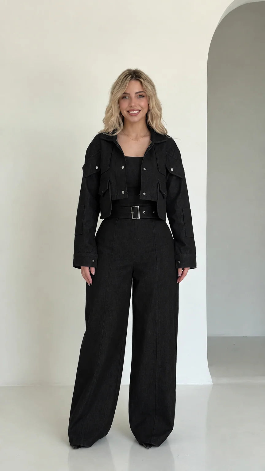 Full front view of black cropped utility jacket and wide-leg pant set