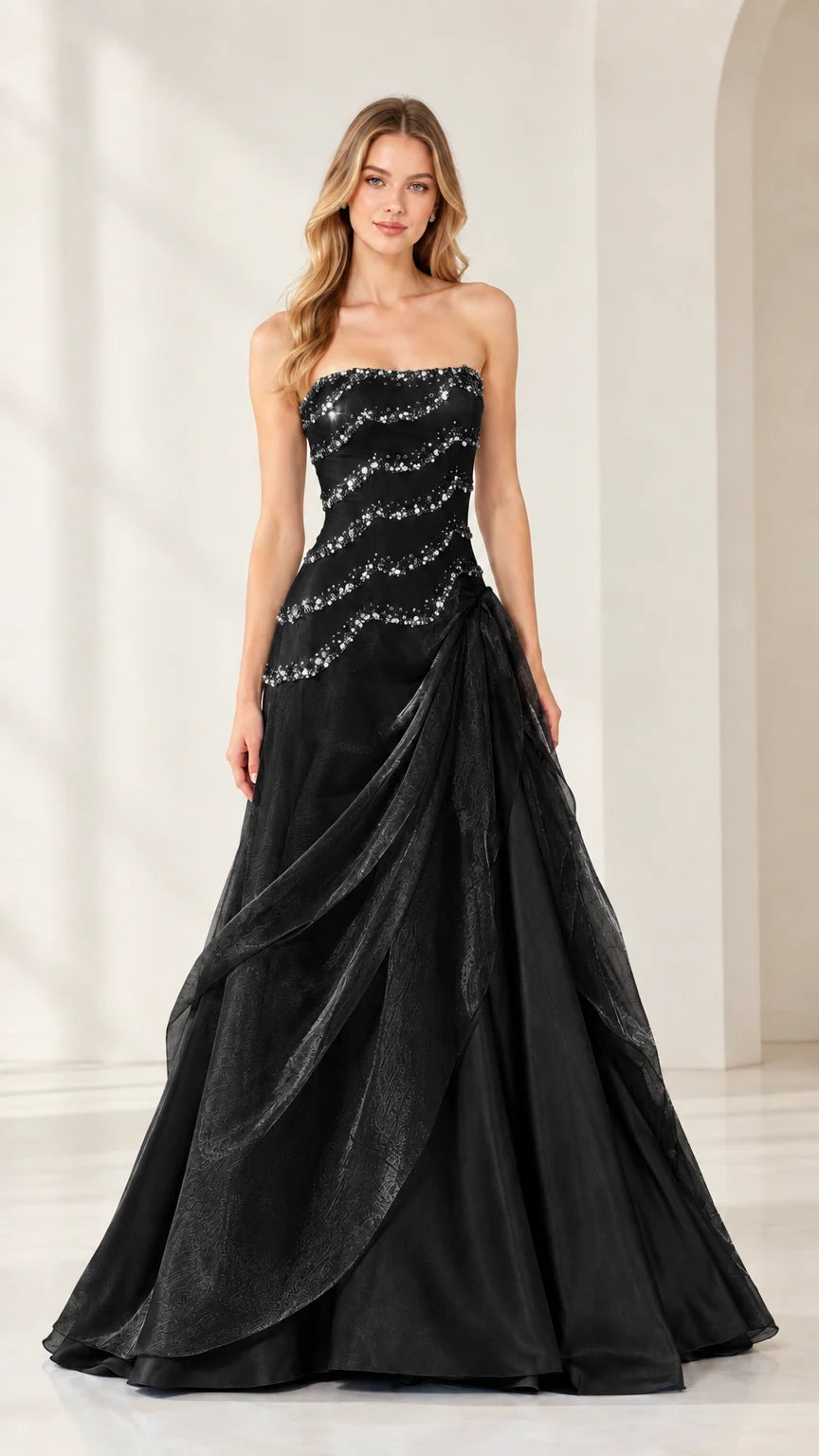 Full-length view of strapless beaded bodice formal evening gown in Classic Black
