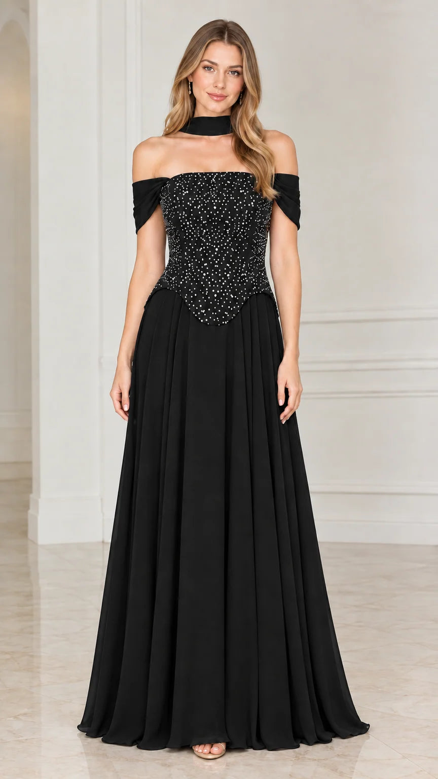 Black off-the-shoulder beaded bodice maxi evening gown with matching choker