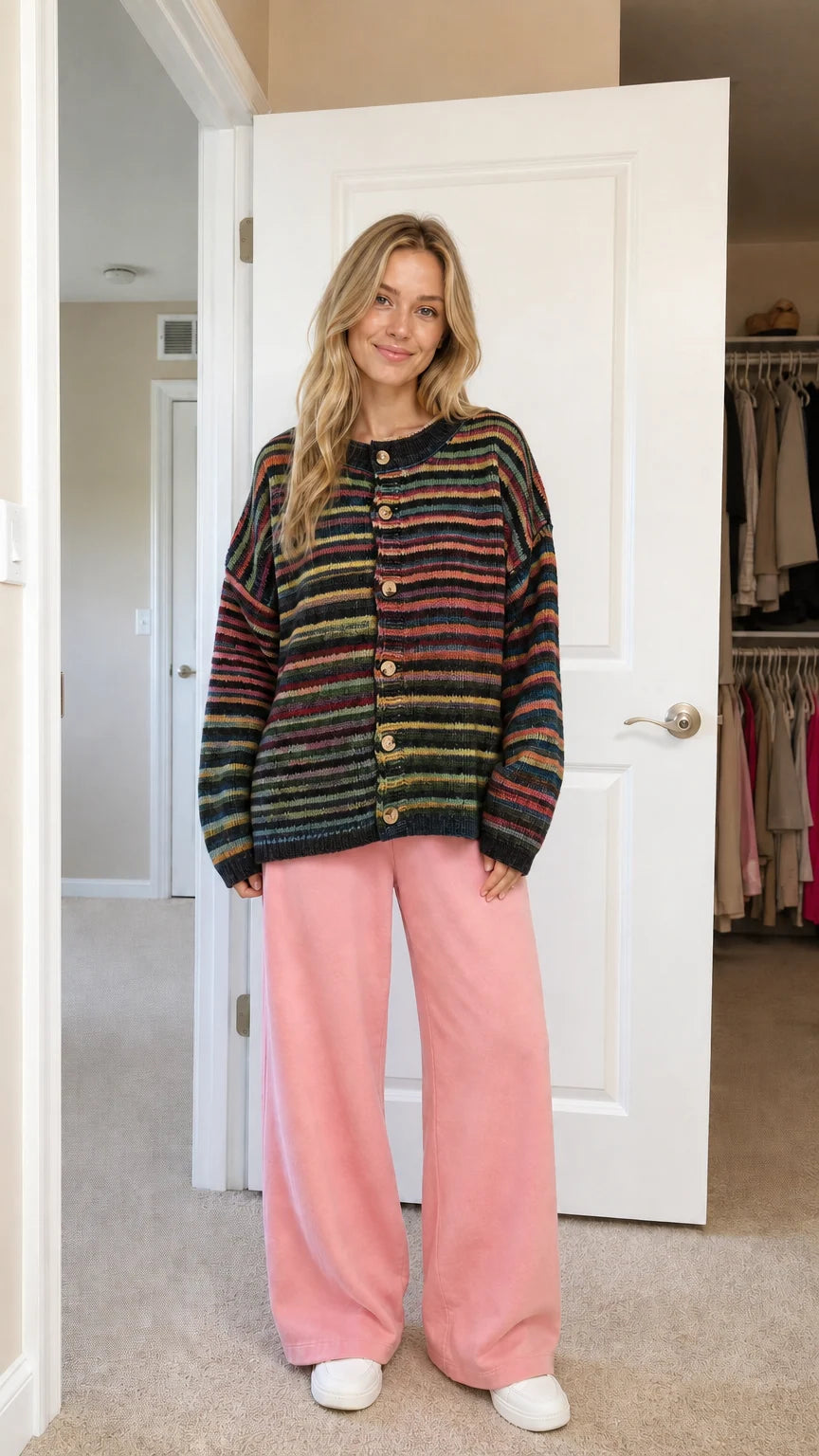 Front view of black-based striped cardigan variant