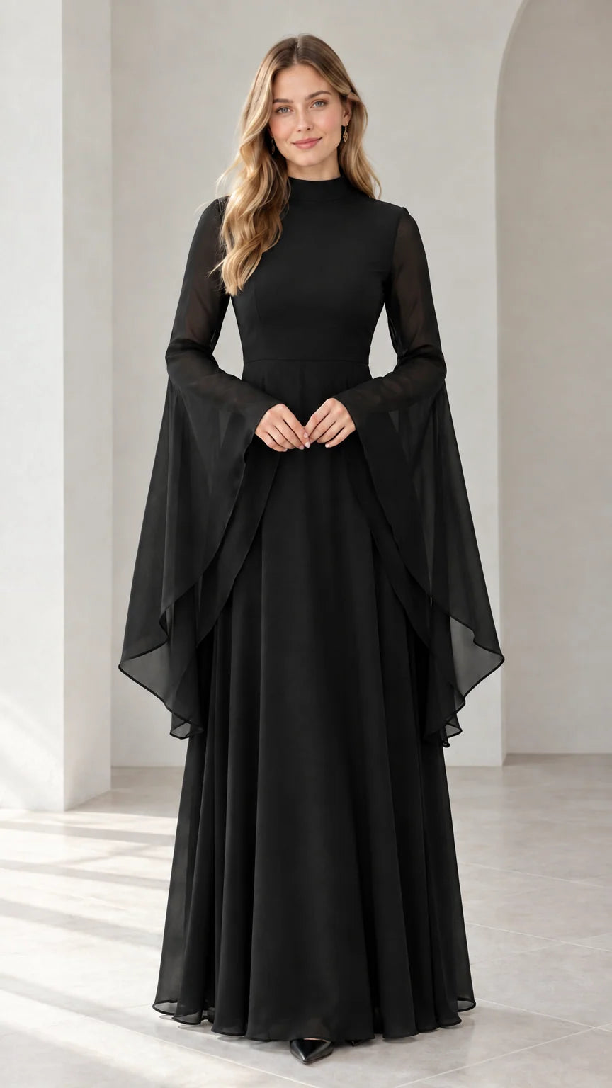 Full-length view of black mock neck chiffon maxi dress with cascading bell sleeves